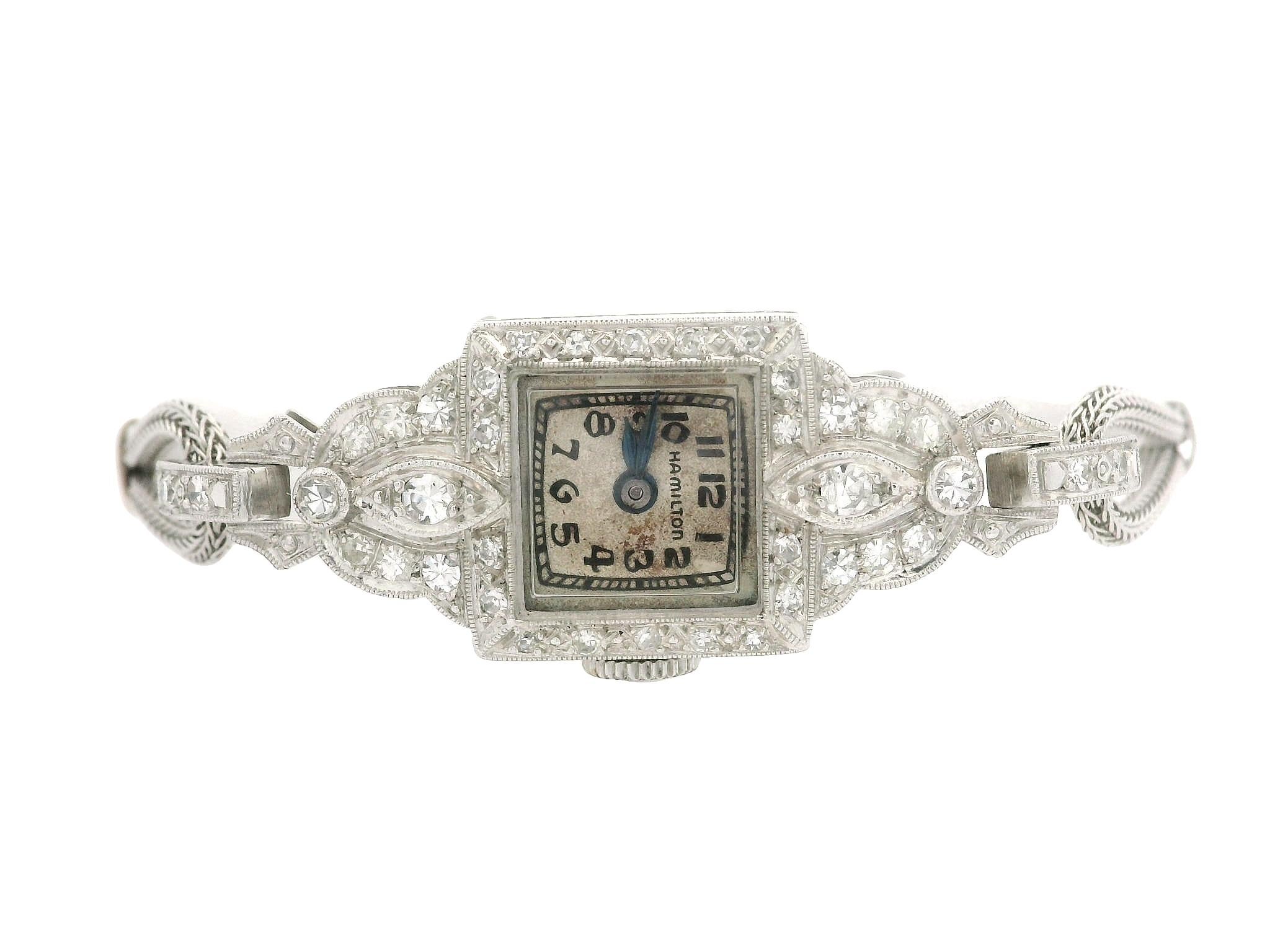 Hamilton, montre-bracelet jonc art déco ancien en or blanc et platine avec diamants Bon état - En vente à Montclair, NJ