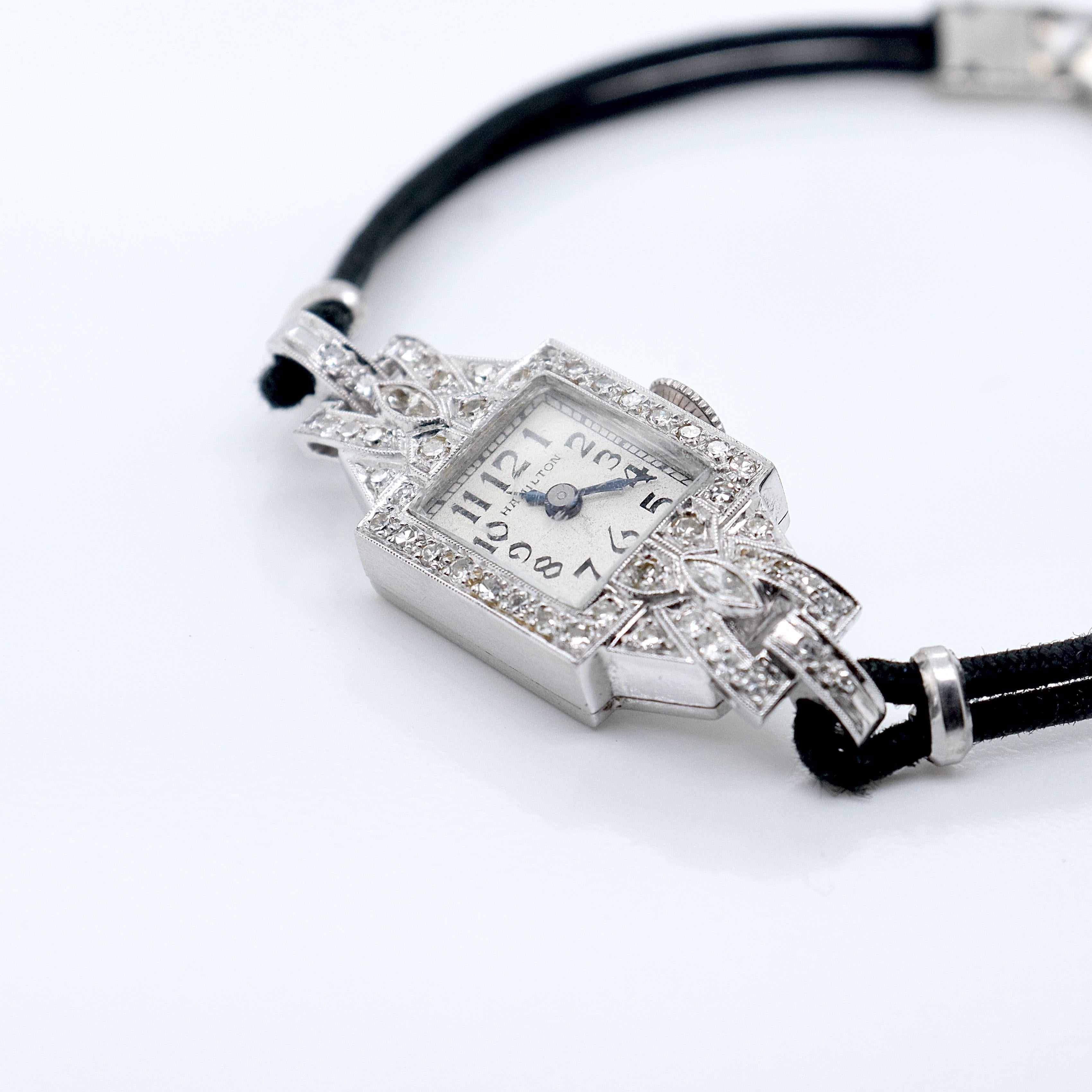 Antike Art-Déco-Damenuhr Hamilton aus Platin mit Diamanten 5