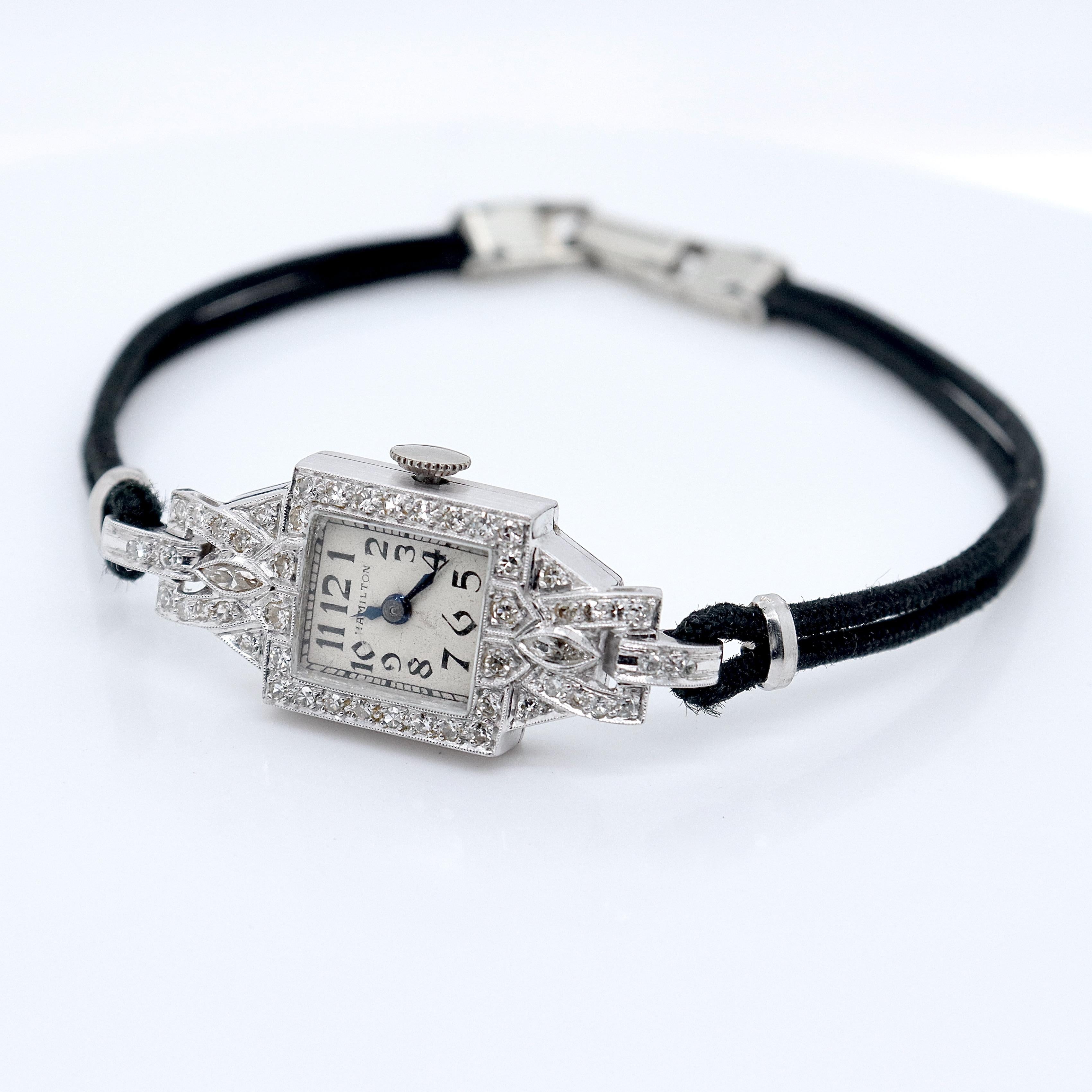 Antike Art-Déco-Damenuhr Hamilton aus Platin mit Diamanten 6