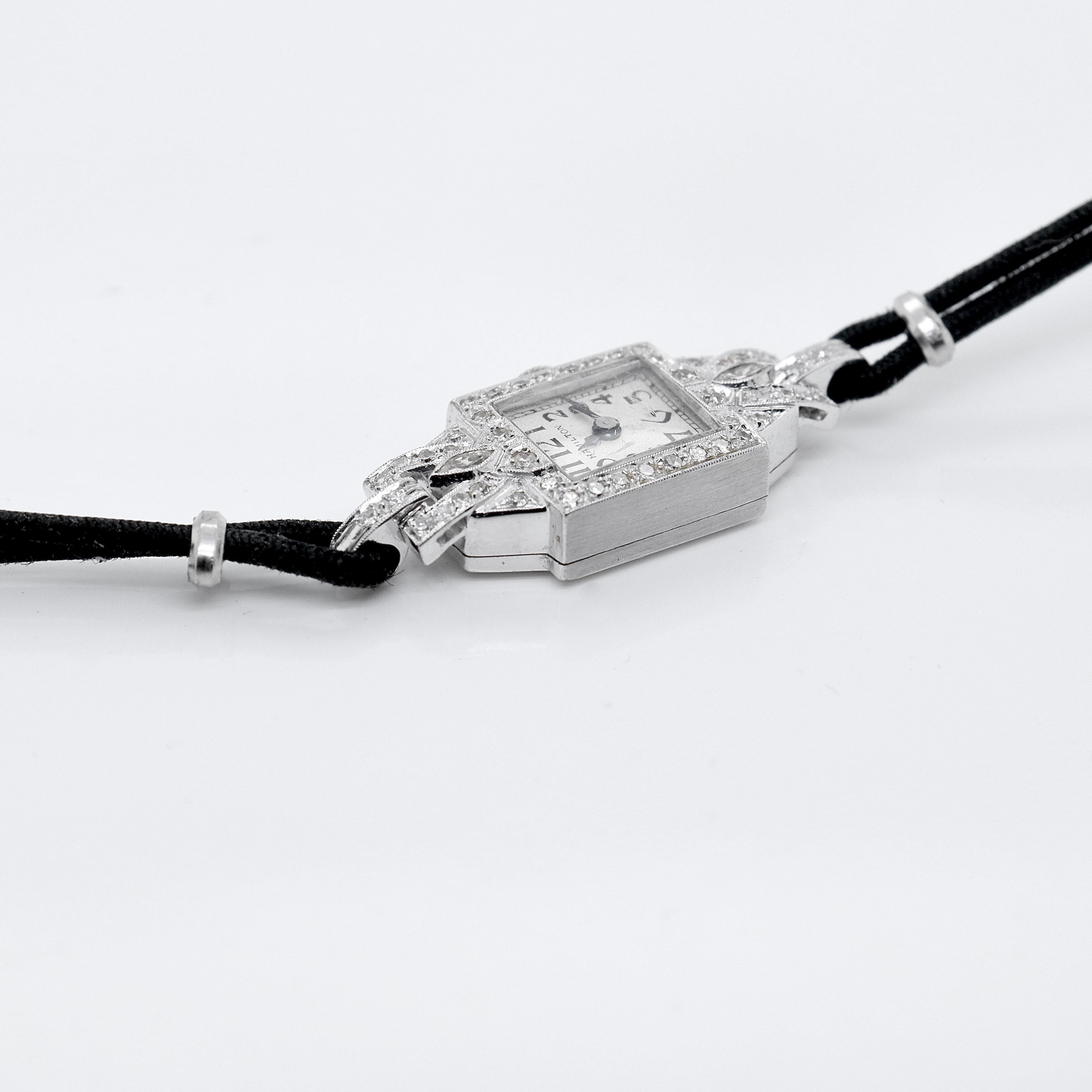Antike Art-D�éco-Damenuhr Hamilton aus Platin mit Diamanten 8