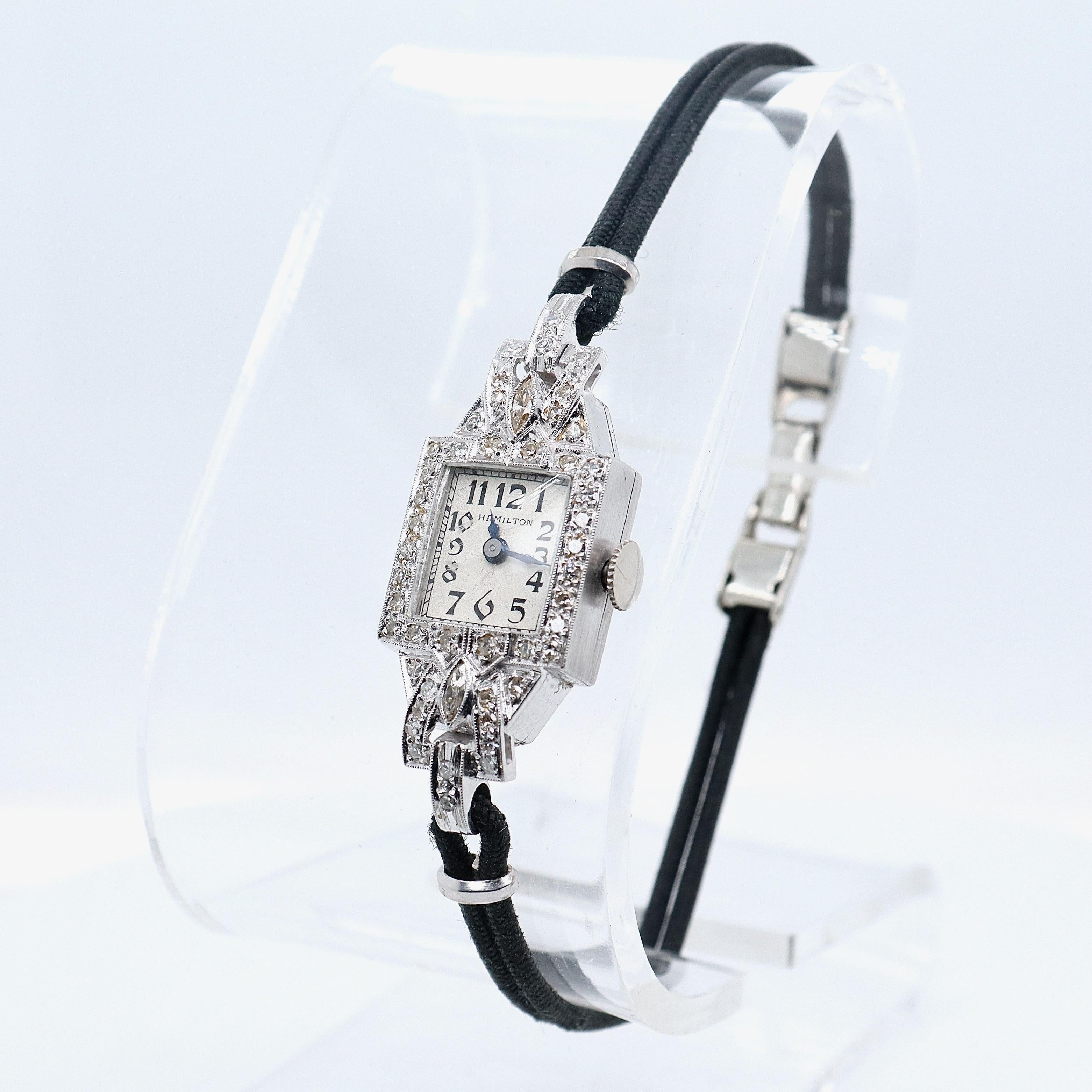 Antike Art-Déco-Damenuhr Hamilton aus Platin mit Diamanten (Art déco)