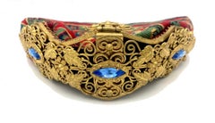 Antike Art Deco Handtasche Clutch Petit Point Stickerei in vergoldetem Metallblau mit Paste