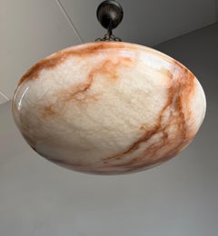 Antique Art Deco Hand-Carved Alabaster Disc Pendant with Flame-Like Veins