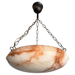 Antique Art Deco Hand-Carved Alabaster Disc Pendant with Flame-Like Veins
