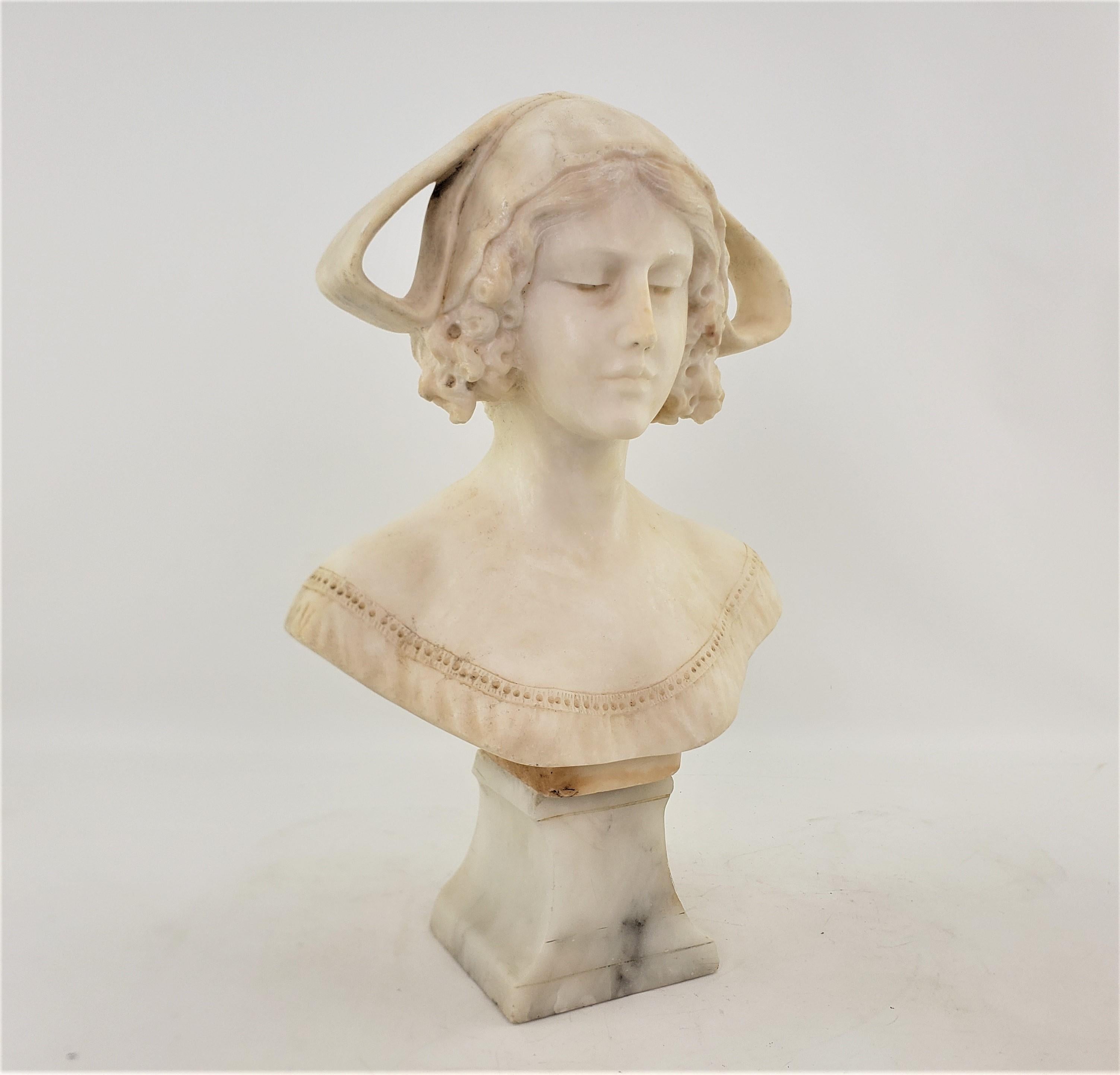 20th Century Antique Art Deco Hand-Carved Italian Bust or Sculpture of a Young Female & Base For Sale