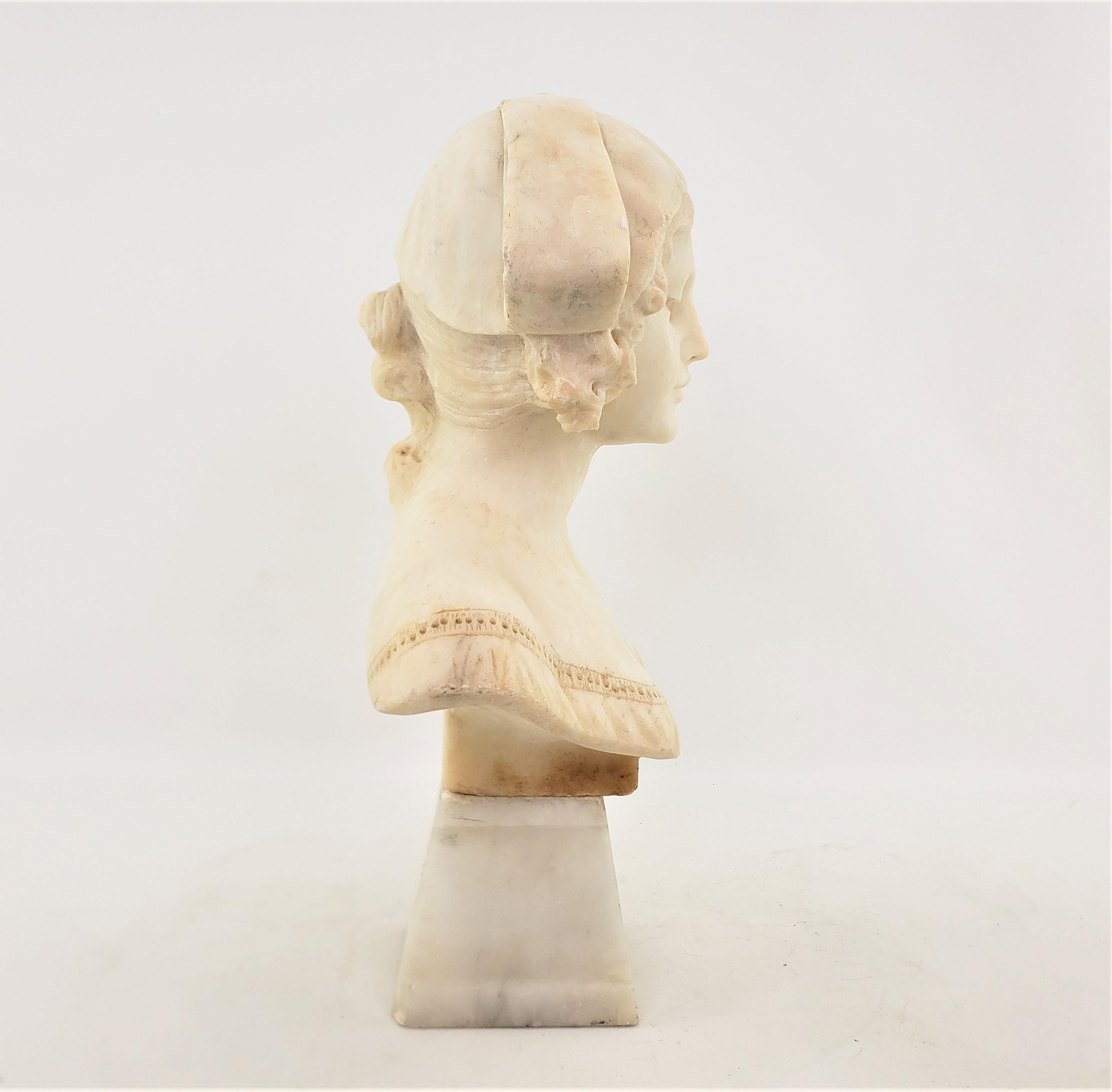 Alabaster Antique Art Deco Hand-Carved Italian Bust or Sculpture of a Young Female & Base For Sale