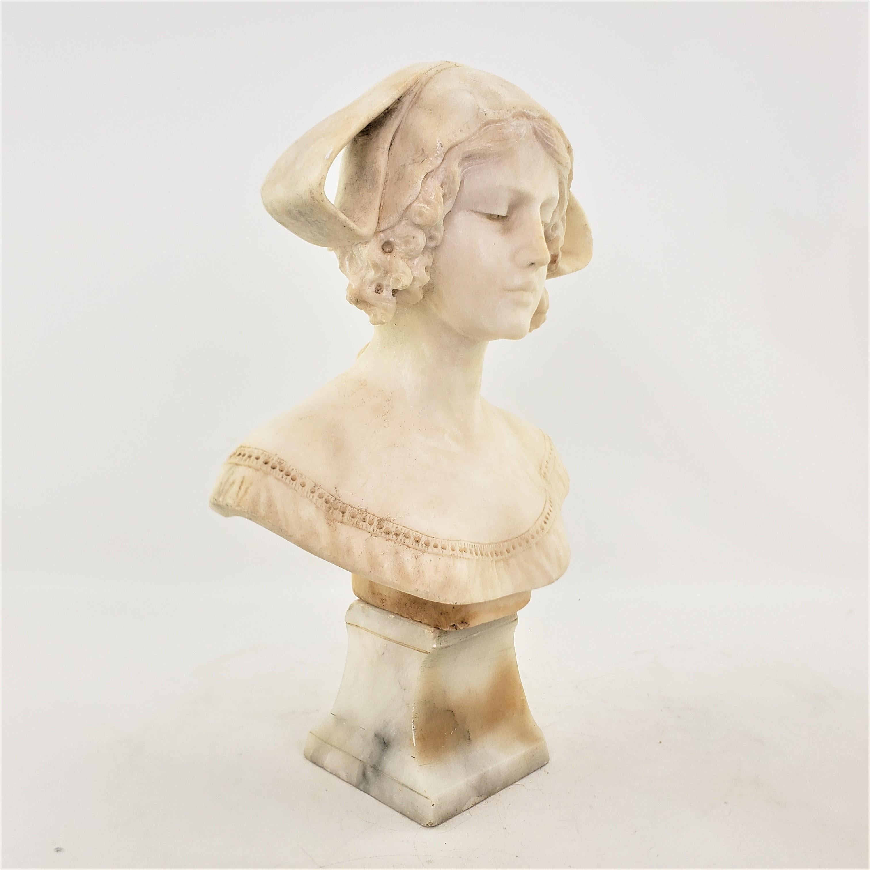 Antique Art Deco Hand-Carved Italian Bust or Sculpture of a Young Female & Base For Sale 3
