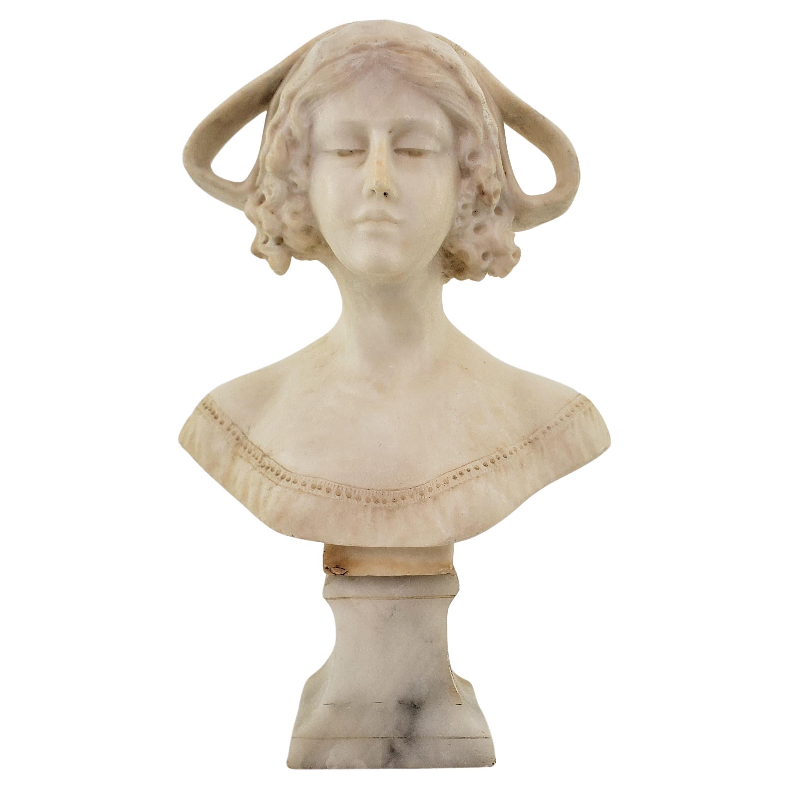 Antique Art Deco Hand-Carved Italian Bust or Sculpture of a Young Female & Base