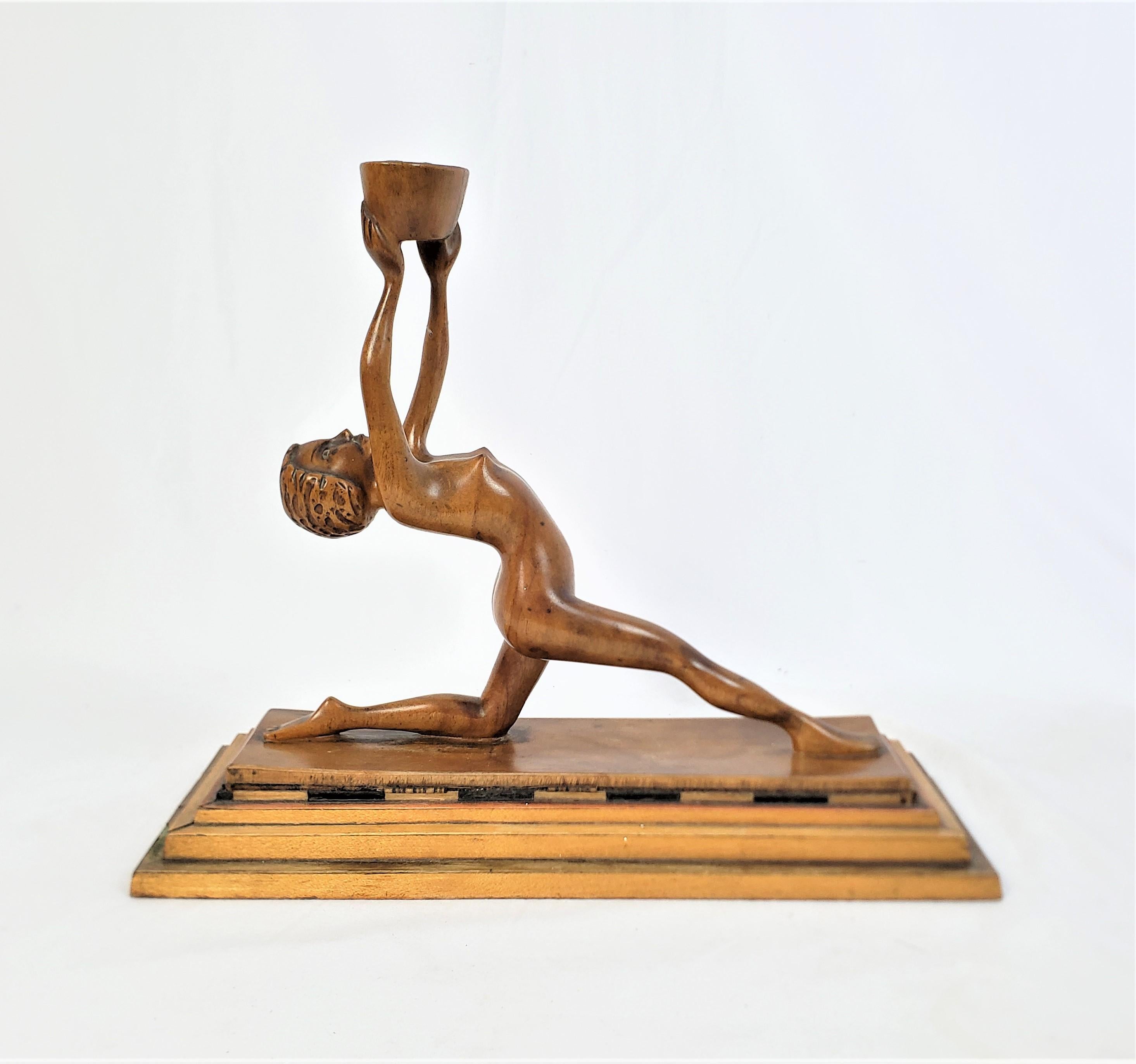 Softwood Antique Art Deco Hand-Carved Wooden Sculpture of a Nude Female Holding a Basket For Sale