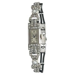 Antique Art Deco Hand Engraved Platinum & Diamond Fancy Dress Watch Black Cord