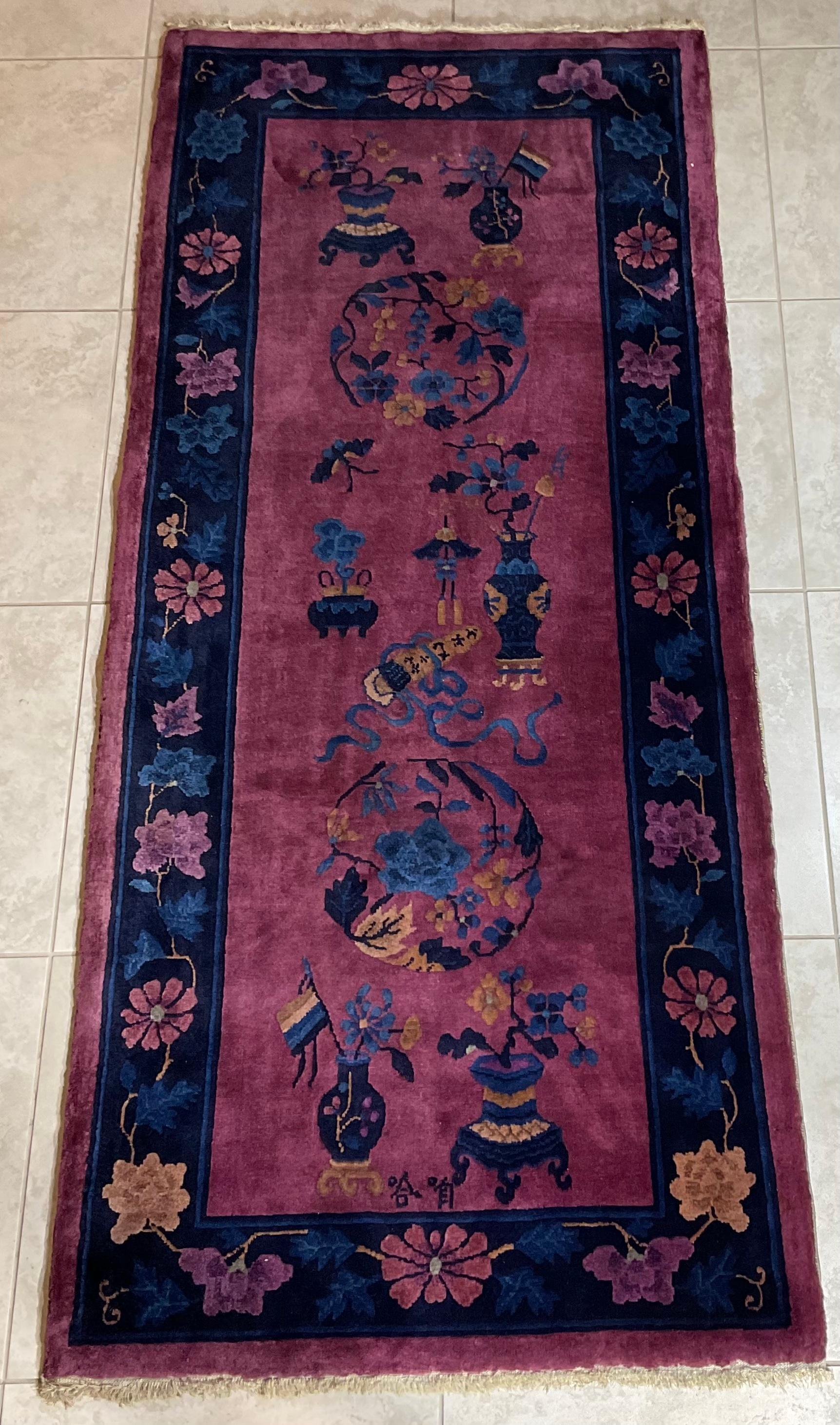 Exceptional Antique Handmade Art Deco Chinese rug, c-1920,  Woven with natural dyed soft wool pile, in blue border with purple color background with very interesting Chinese motifs design, this carpet is in very good condition, decorative, and