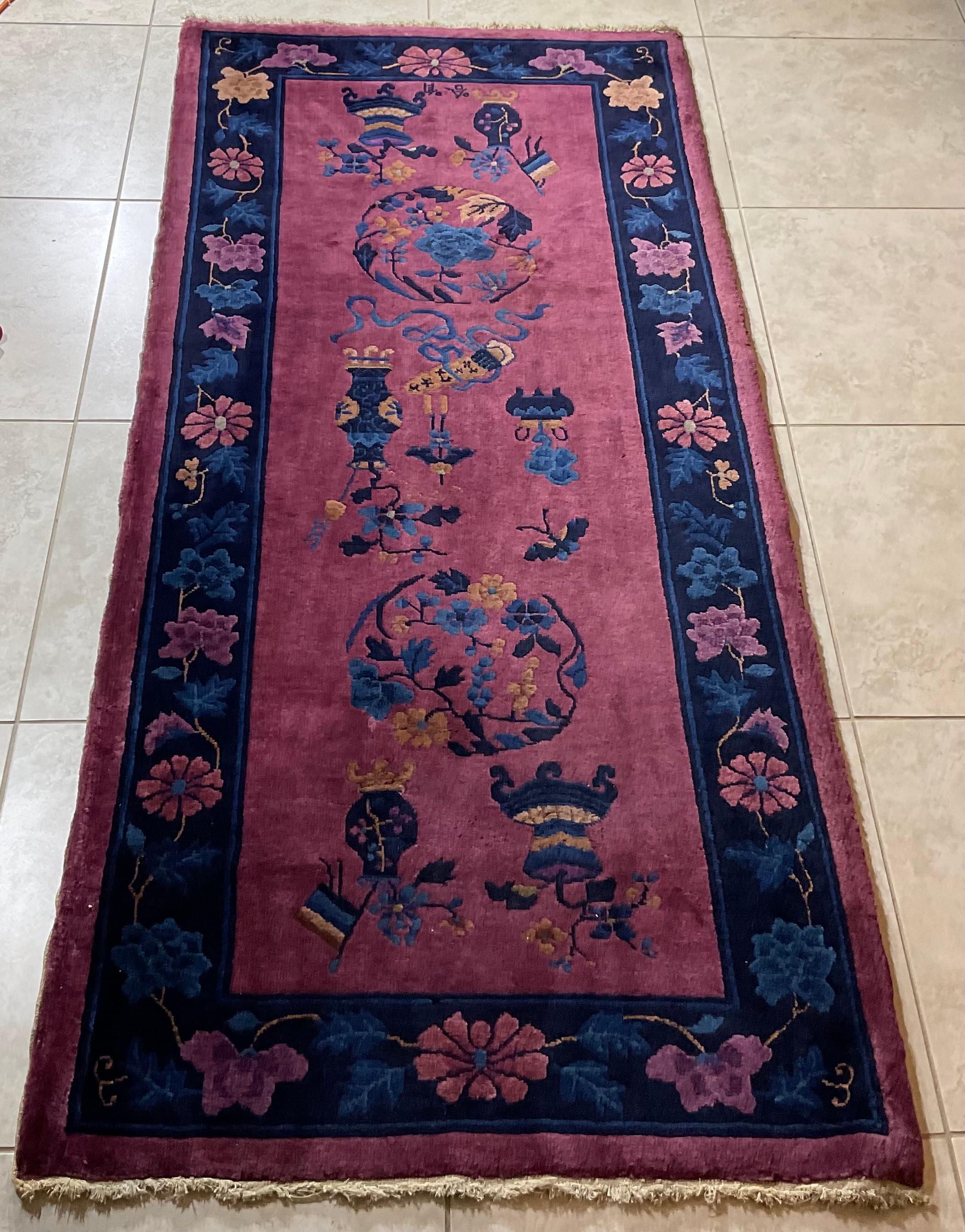 Hand-Knotted Antique Art Deco Hand Woven Chinese Runner Rug