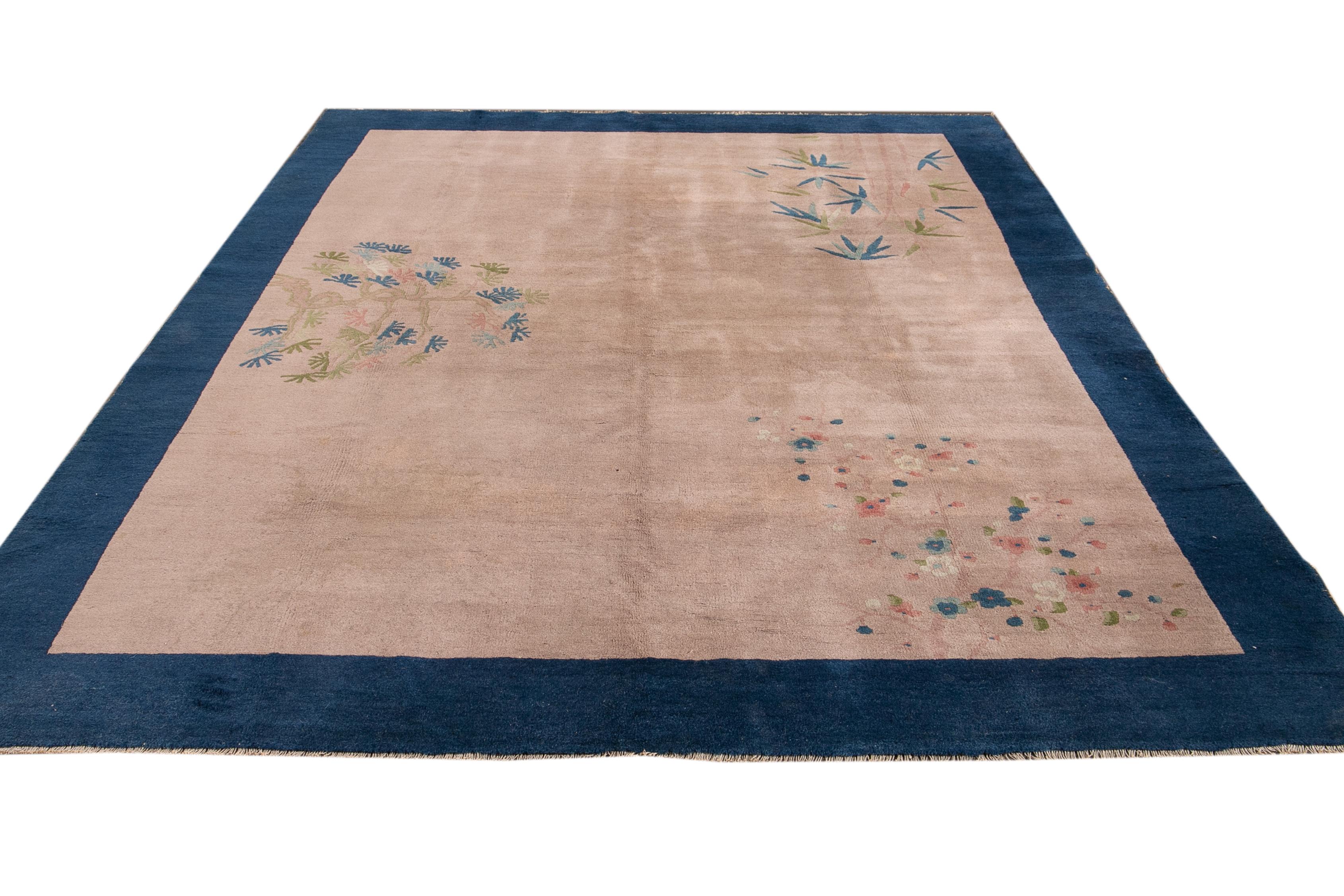 Hand-Knotted Antique Art Deco Handmade Peach and Blue Chinese Wool Rug For Sale