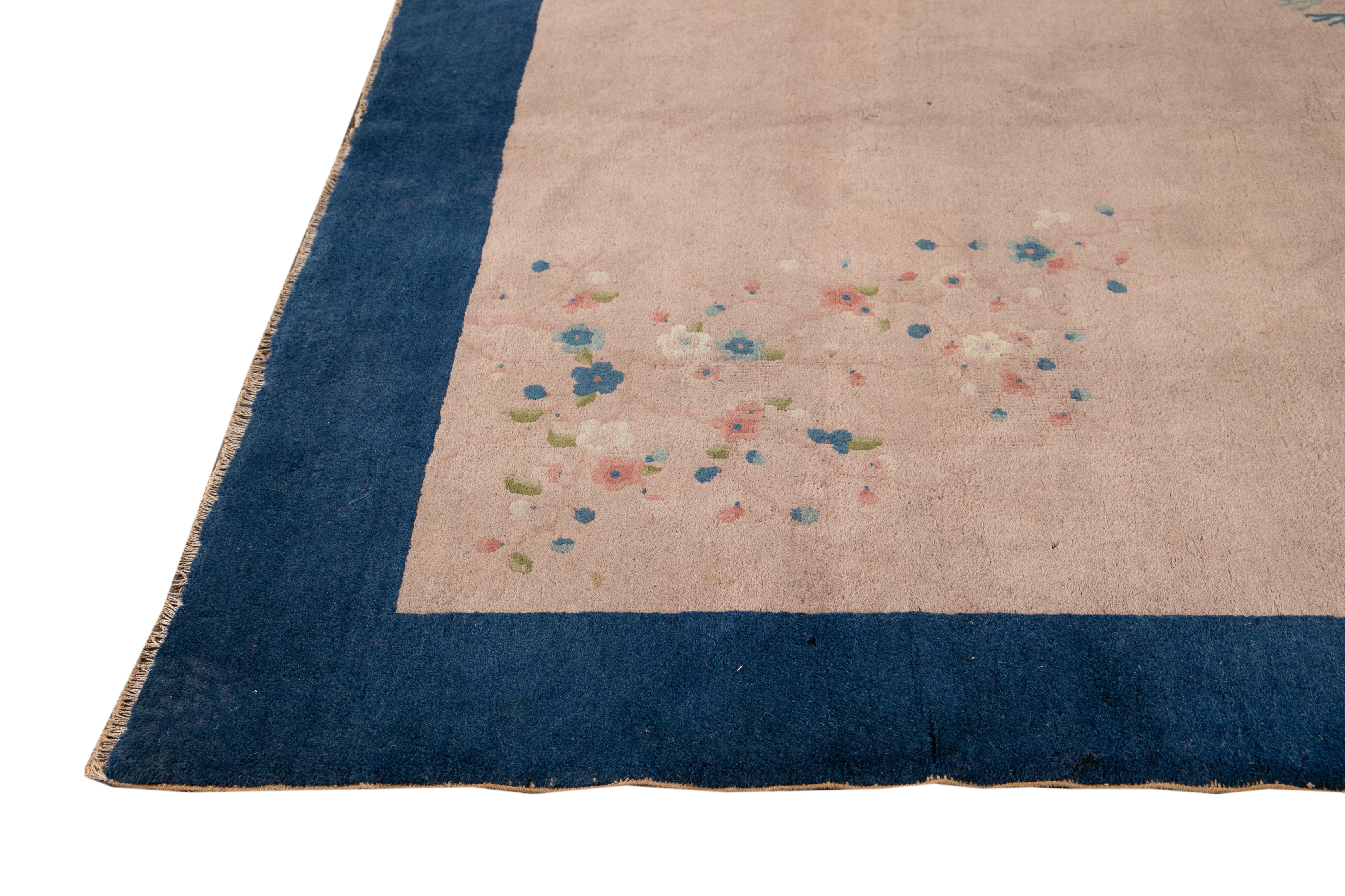 Antique Art Deco Handmade Peach and Blue Chinese Wool Rug In Good Condition For Sale In Norwalk, CT