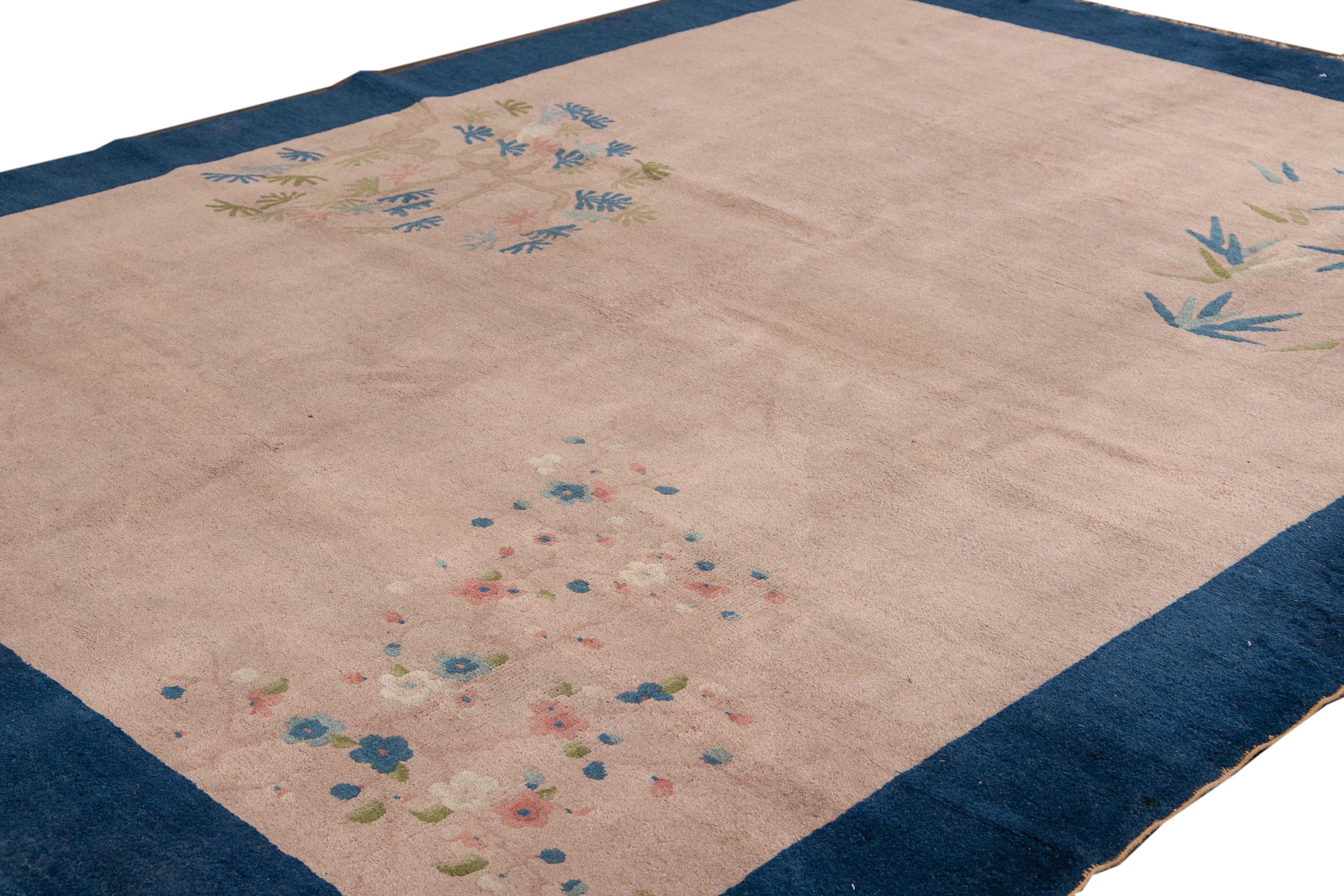 20th Century Antique Art Deco Handmade Peach and Blue Chinese Wool Rug For Sale