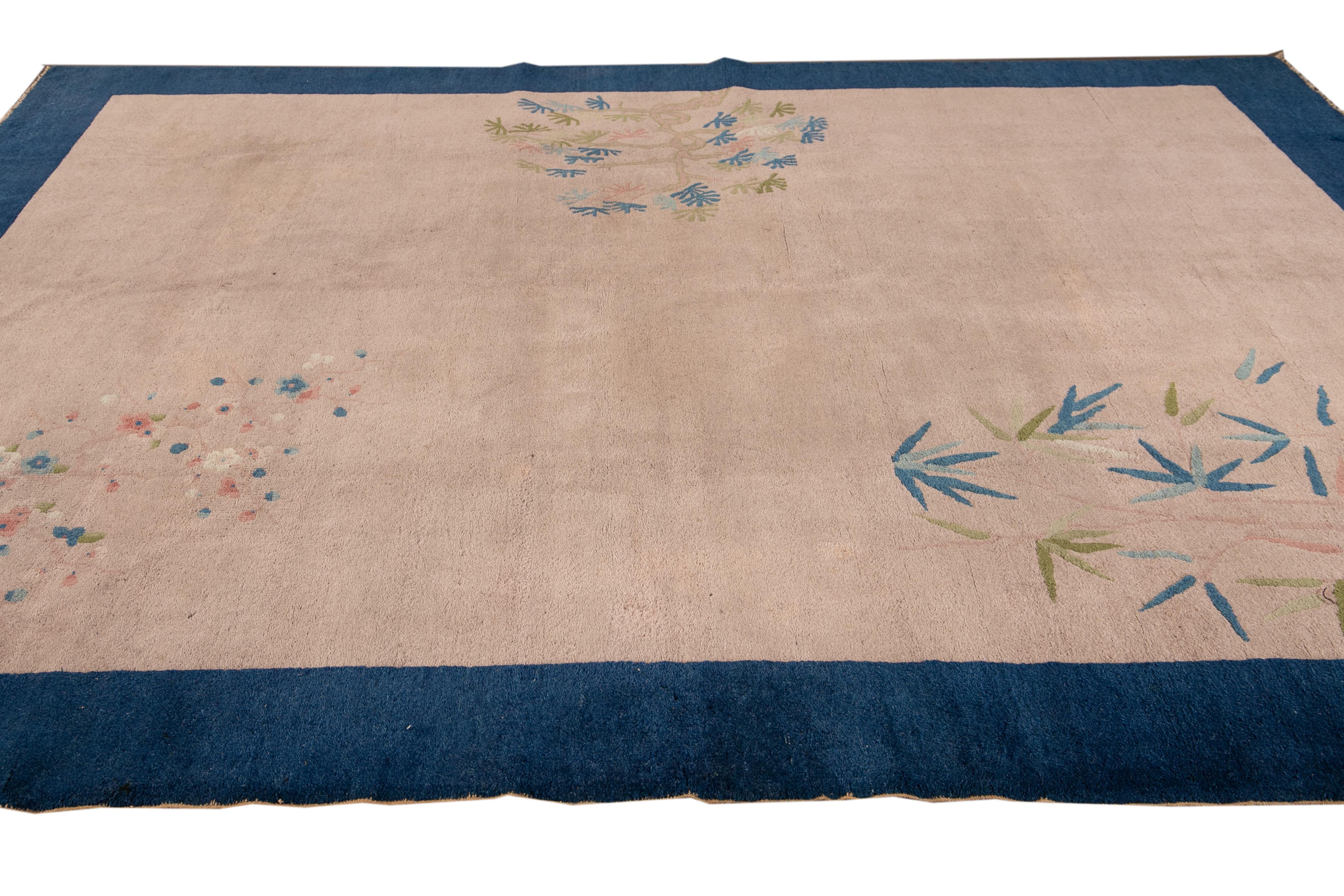 Other Antique Art Deco Handmade Peach and Blue Chinese Wool Rug For Sale