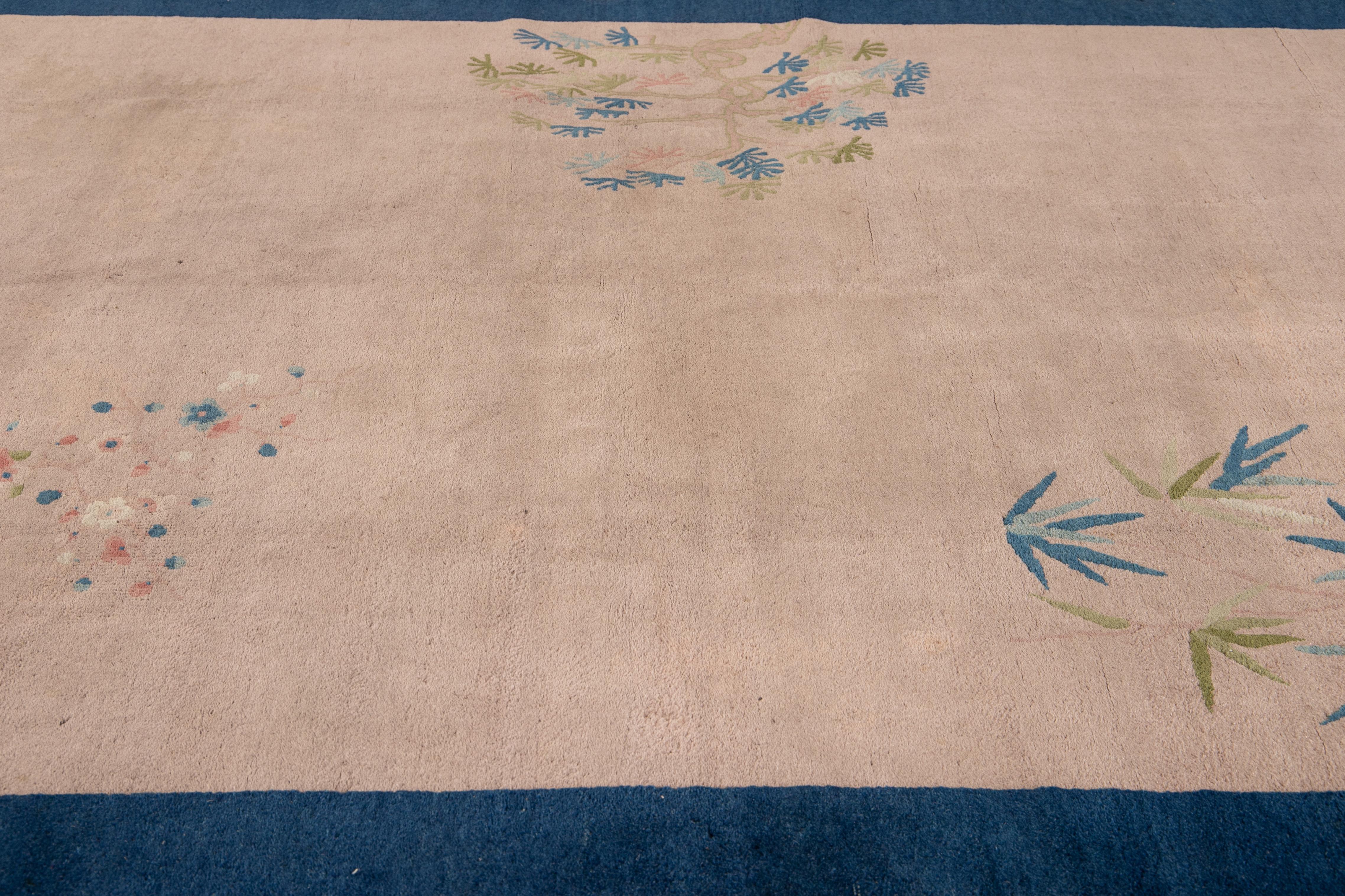 Antique Art Deco Handmade Peach and Blue Chinese Wool Rug For Sale 1