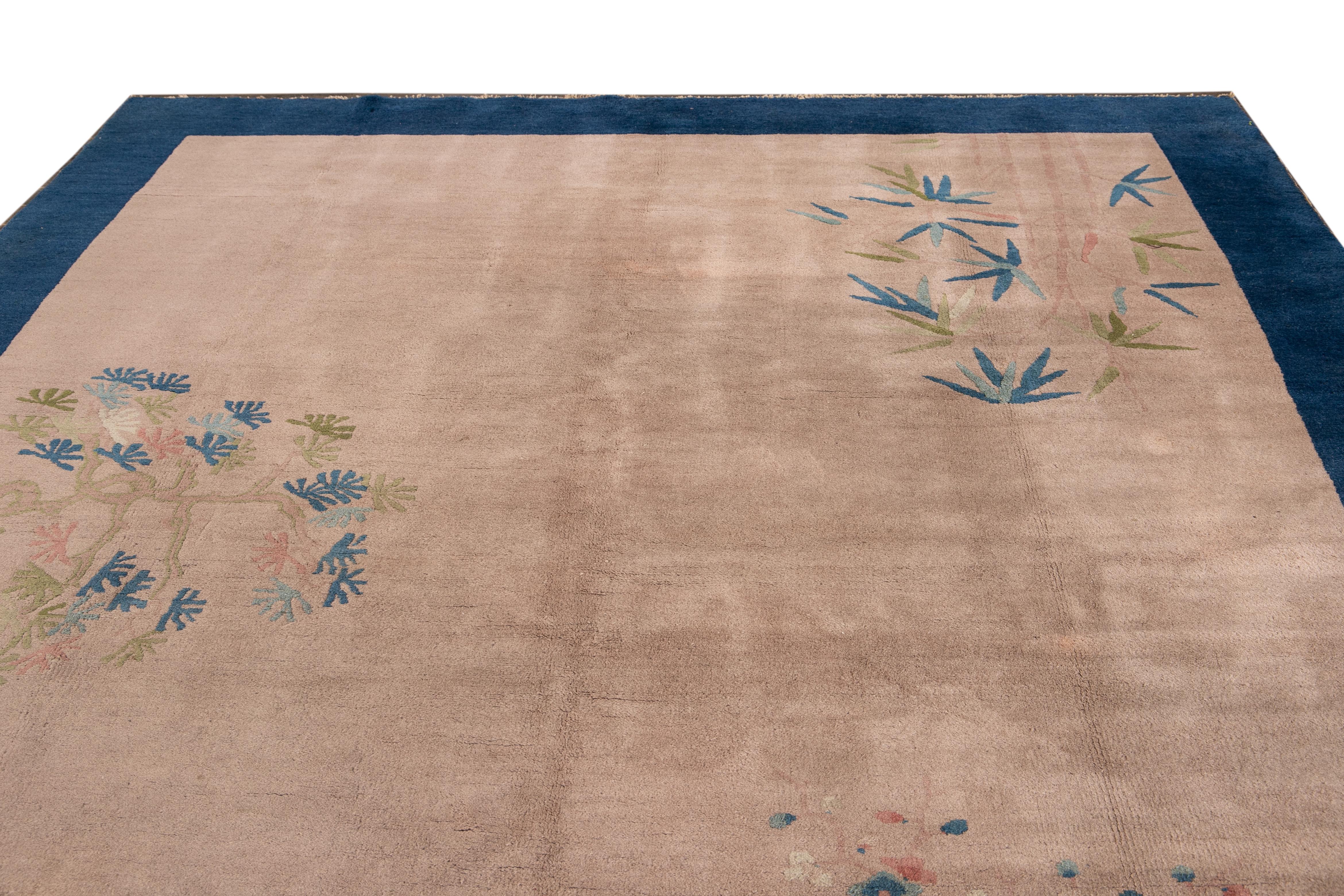 Antique Art Deco Handmade Peach and Blue Chinese Wool Rug For Sale 2