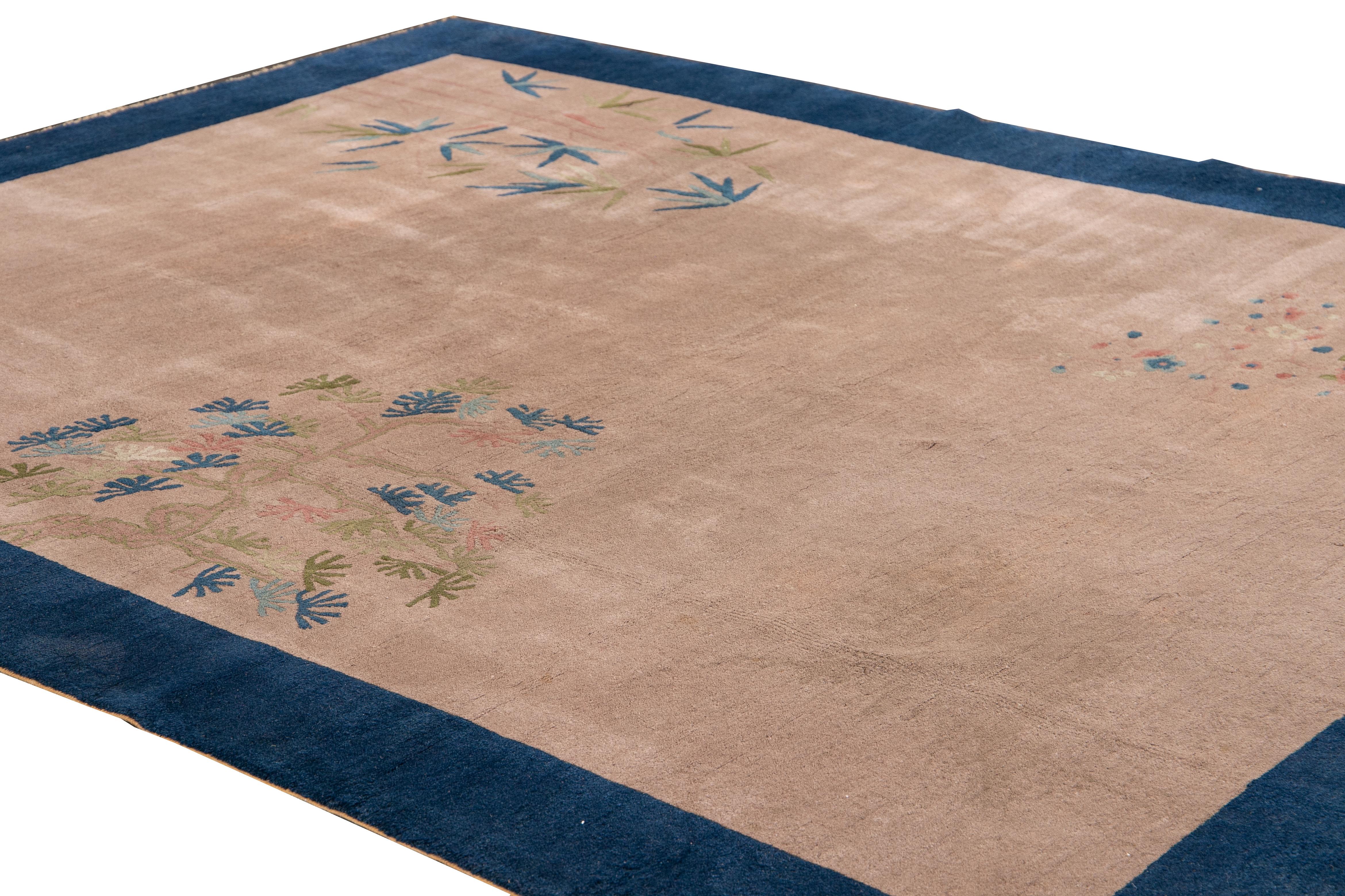 Antique Art Deco Handmade Peach and Blue Chinese Wool Rug For Sale 3