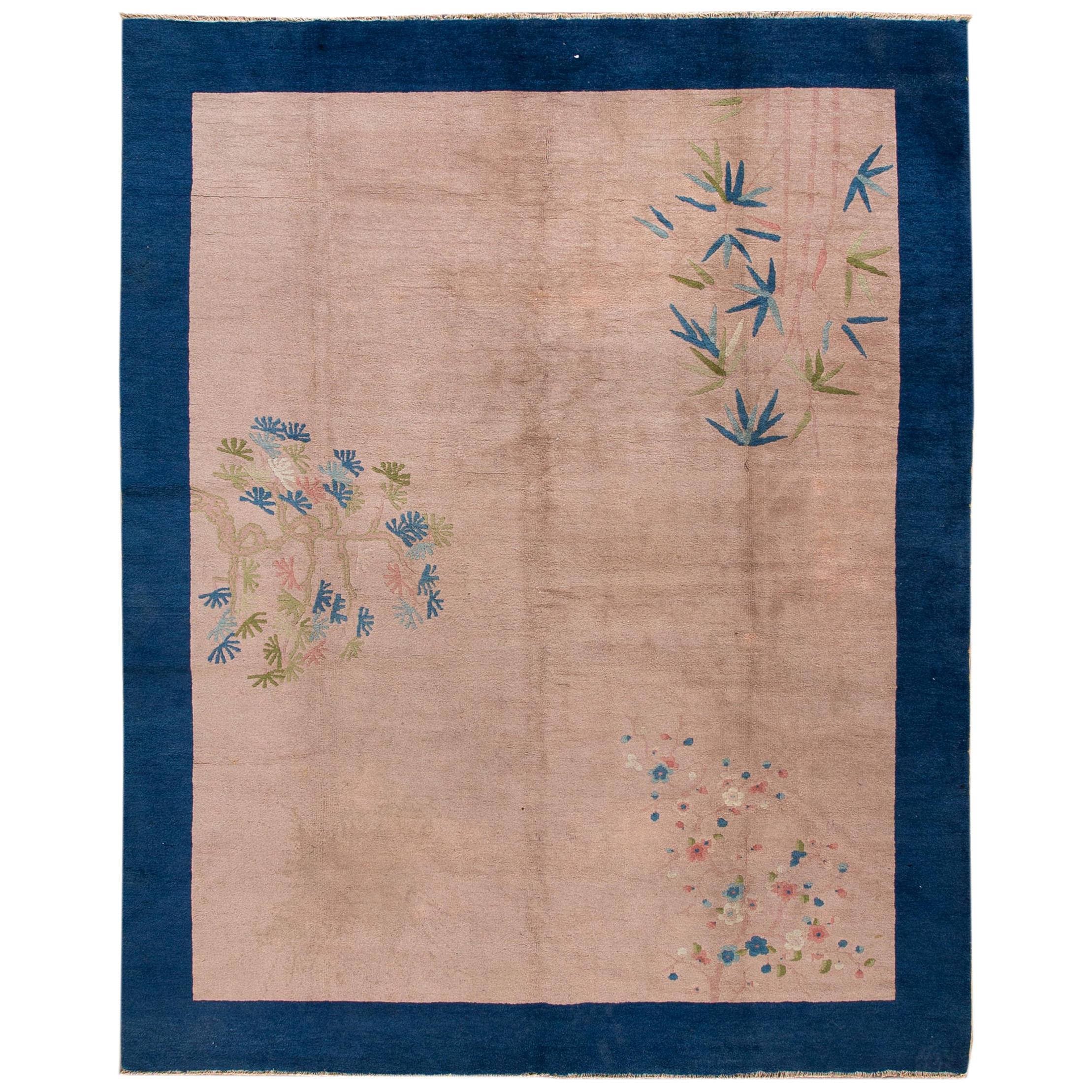 Antique Art Deco Handmade Peach and Blue Chinese Wool Rug For Sale