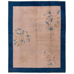 Tapis Art Déco ancien en laine chinoise bleu pêche et pêche fait à la main