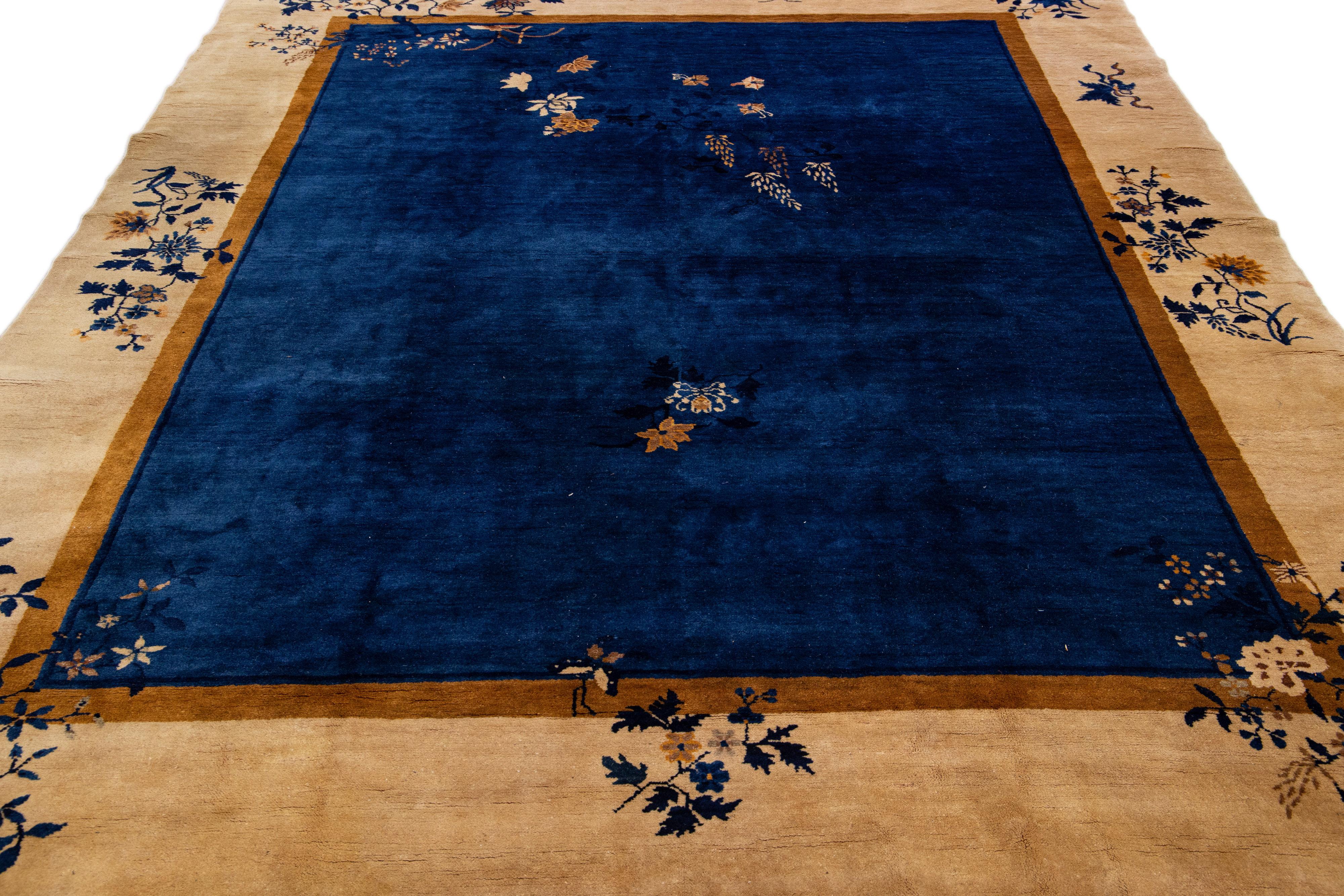 Hand-Knotted Antique Art Deco Handmade Beige and Blue Chinese Wool Rug with Floral Design For Sale