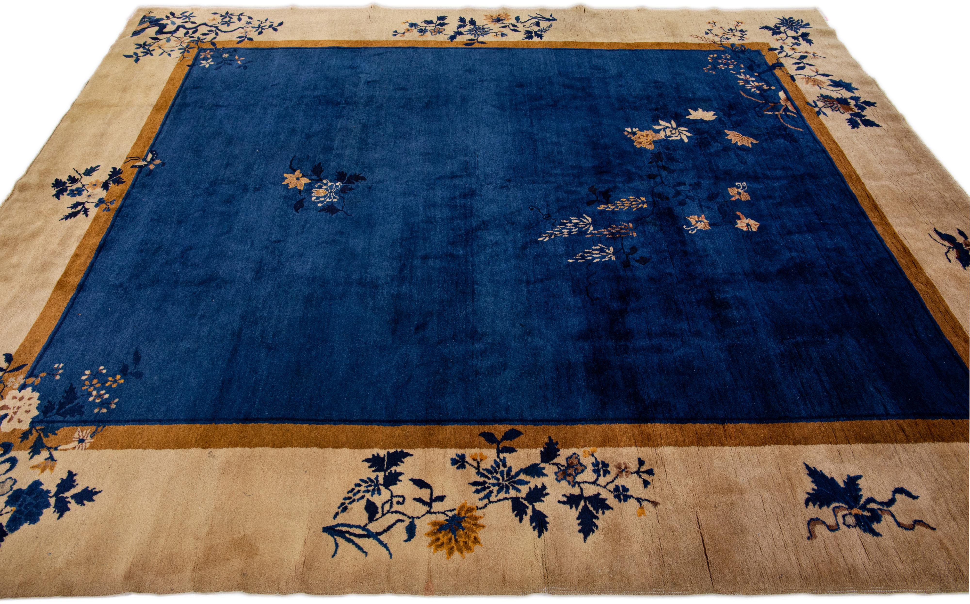 20th Century Antique Art Deco Handmade Beige and Blue Chinese Wool Rug with Floral Design For Sale