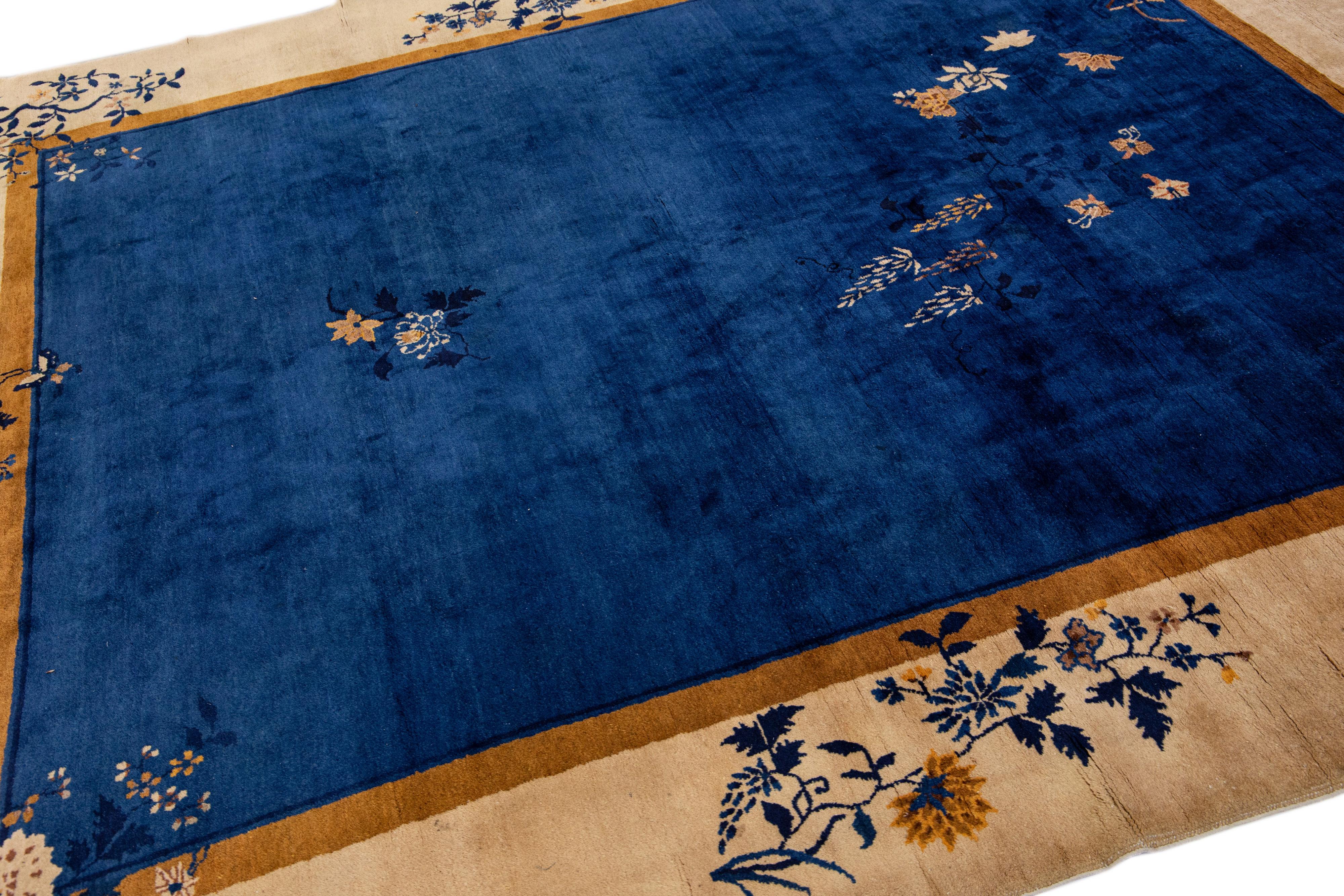 Antique Art Deco Handmade Beige and Blue Chinese Wool Rug with Floral Design For Sale 2
