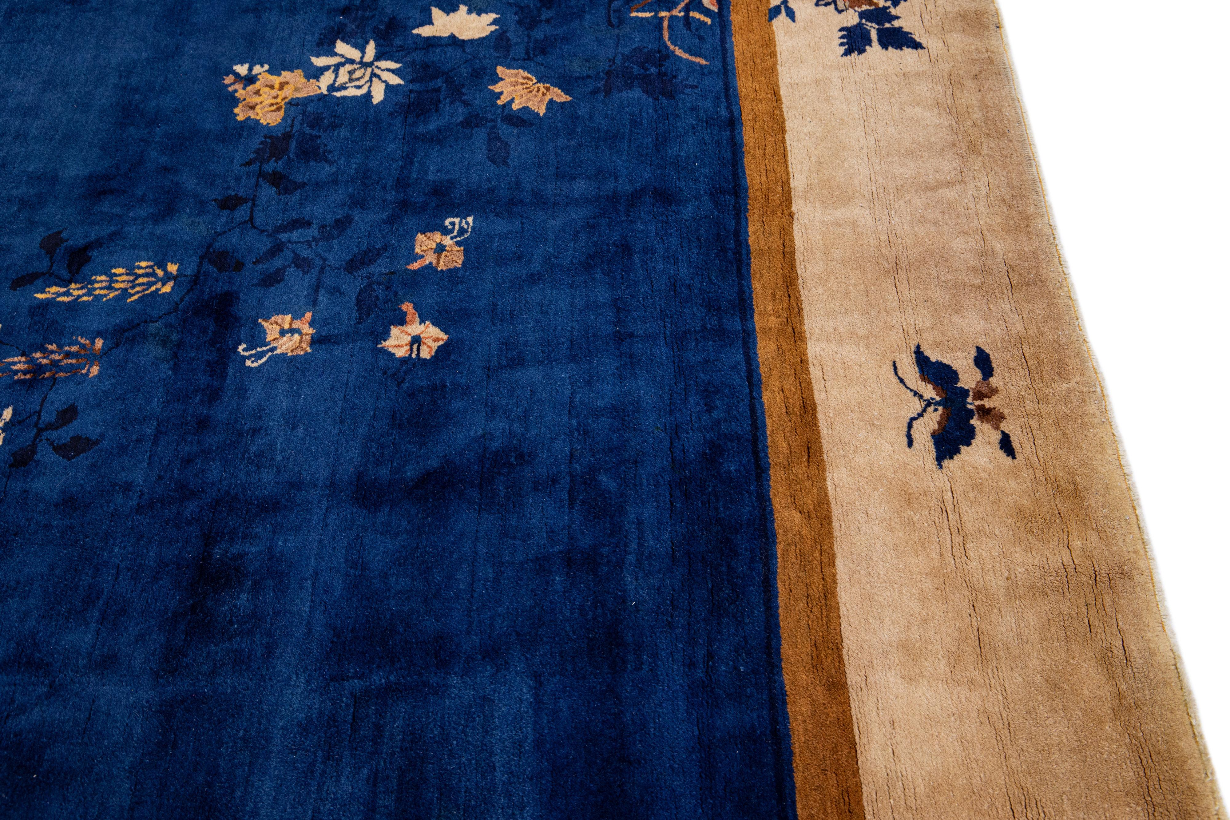 Antique Art Deco Handmade Beige and Blue Chinese Wool Rug with Floral Design For Sale 3