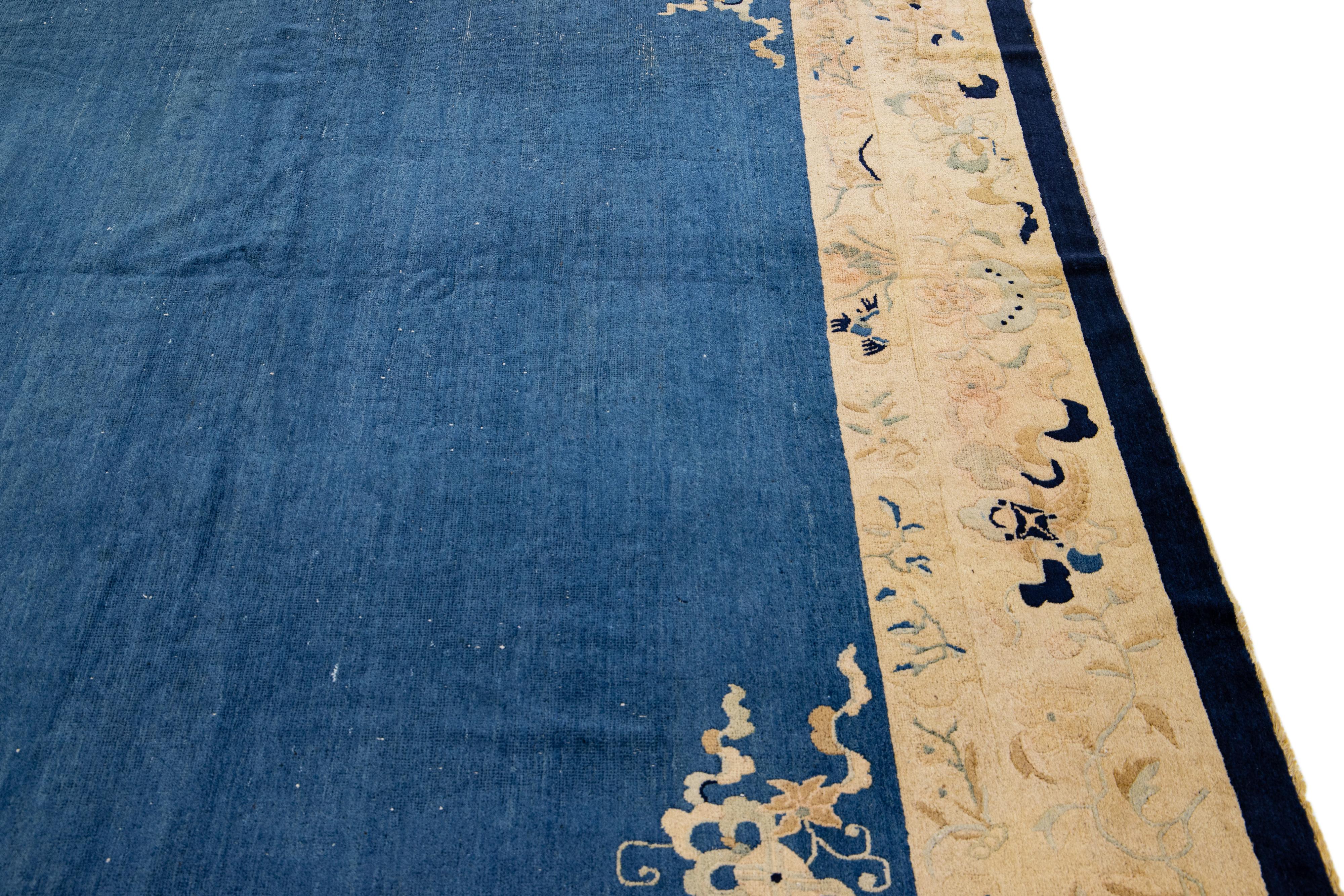 Antique Art Deco Handmade Blue Designed Chinese Wool Rug For Sale 5
