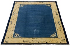 Antique Art Deco Handmade Blue Designed Chinese Wool Rug