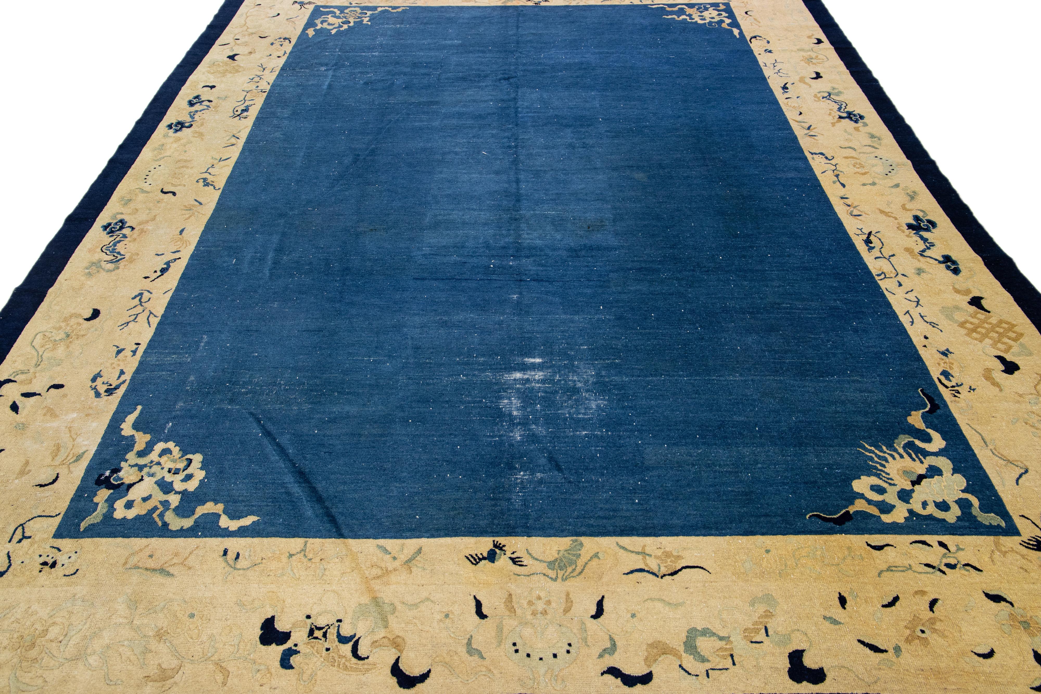 Hand-Knotted Antique Art Deco Handmade Blue Designed Chinese Wool Rug For Sale