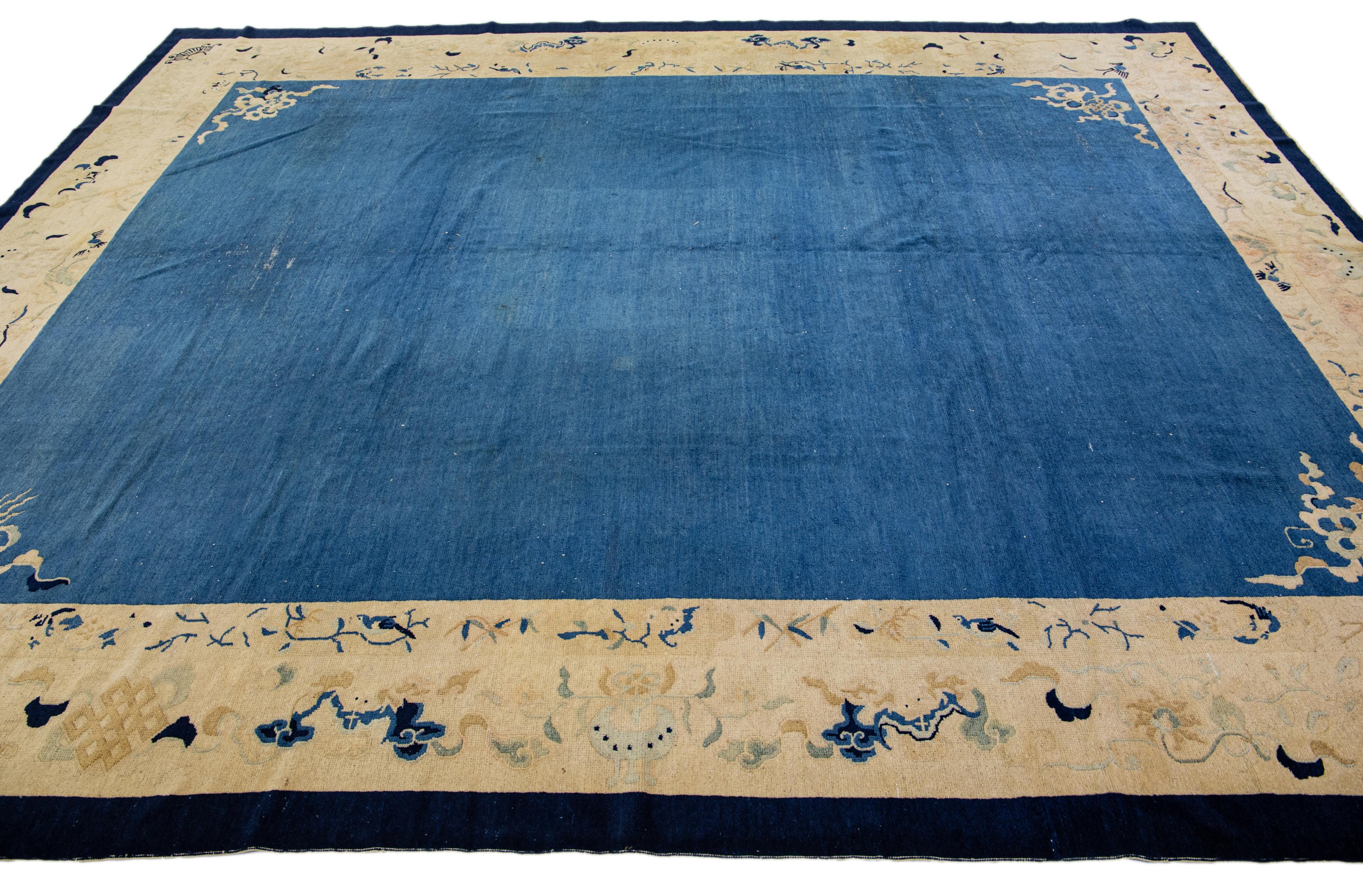 20th Century Antique Art Deco Handmade Blue Designed Chinese Wool Rug For Sale