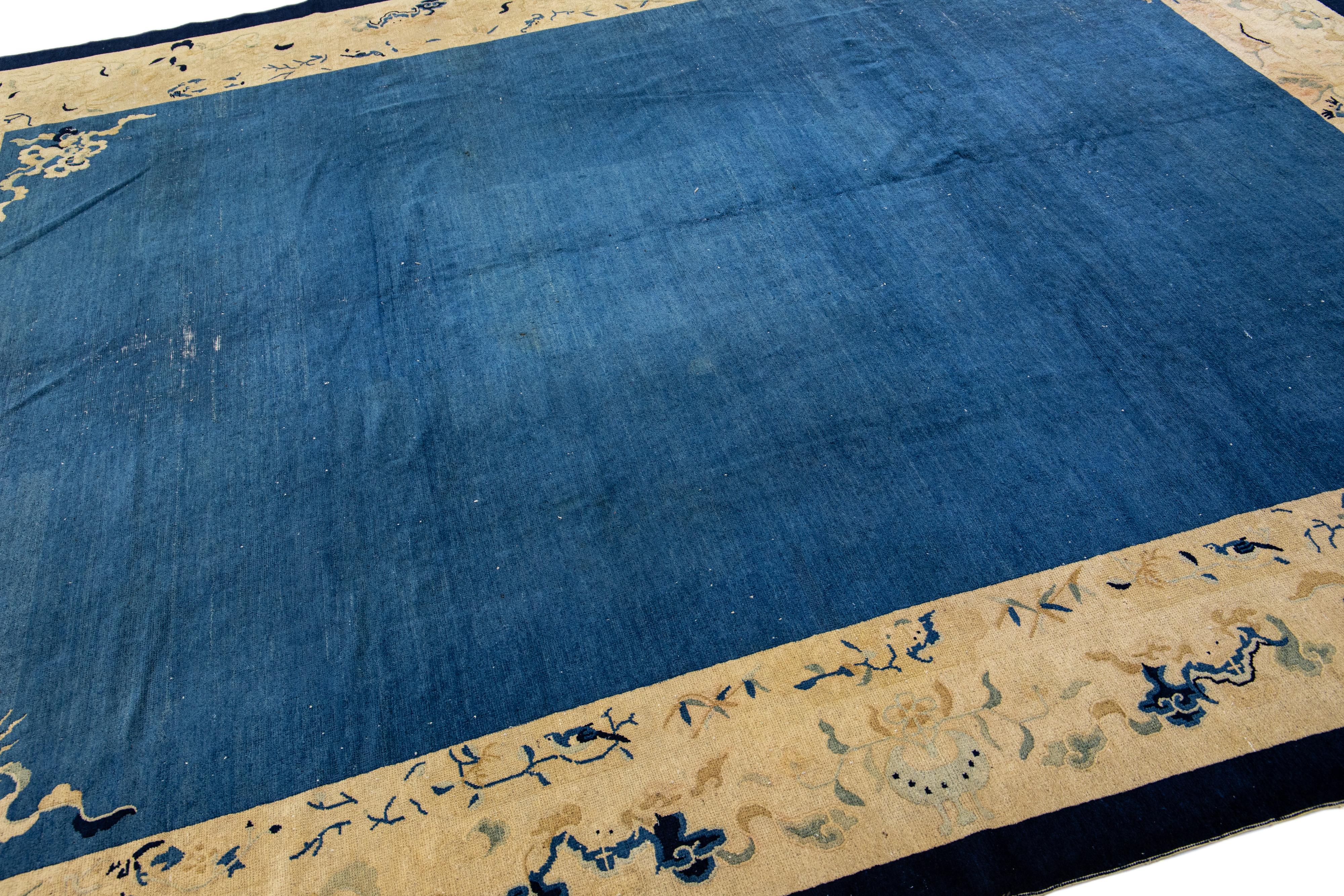 Antique Art Deco Handmade Blue Designed Chinese Wool Rug For Sale 4