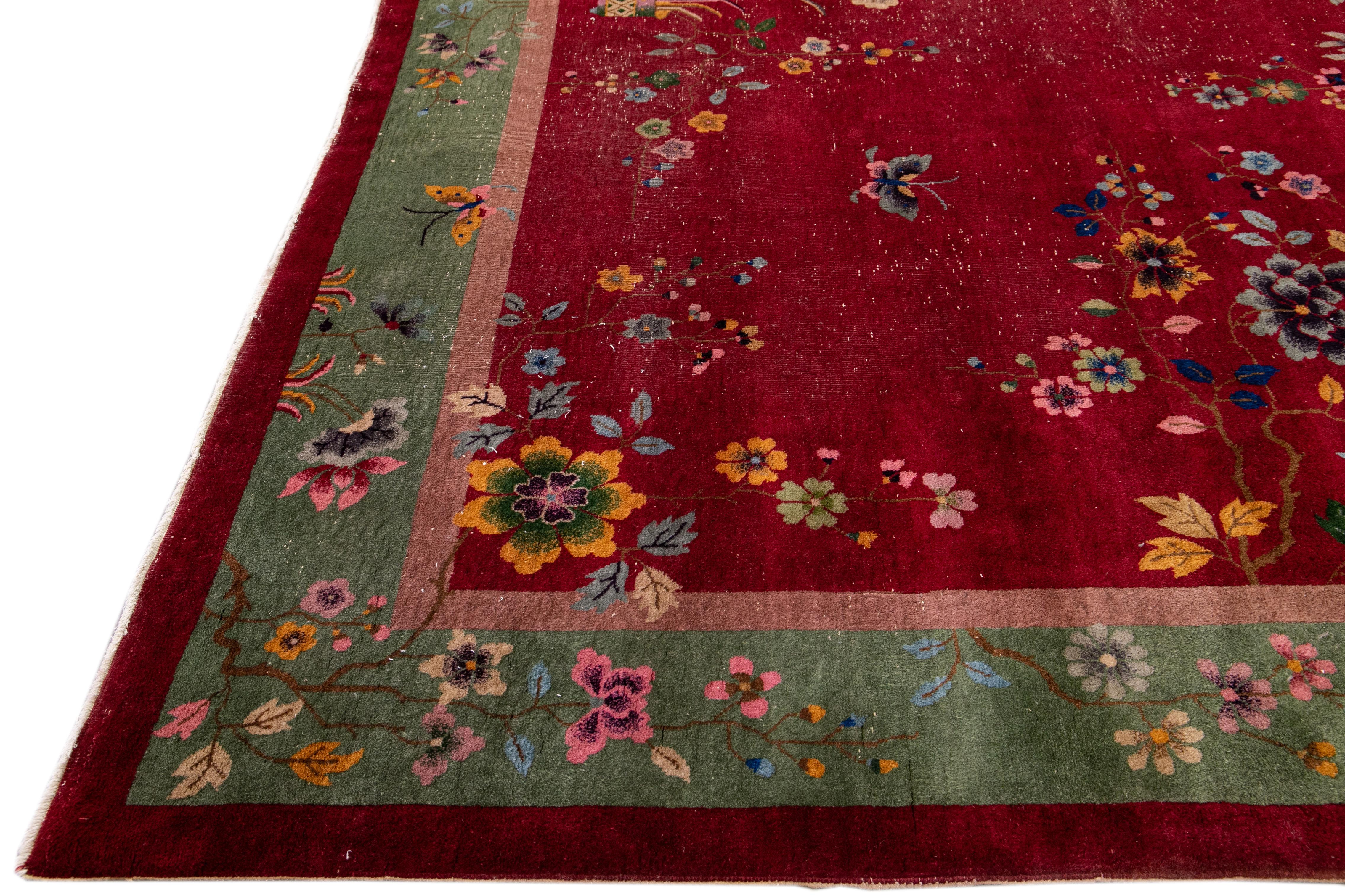 Hand-Knotted Antique Art Deco Handmade Chinese Floral Pattern Red Wool Rug For Sale