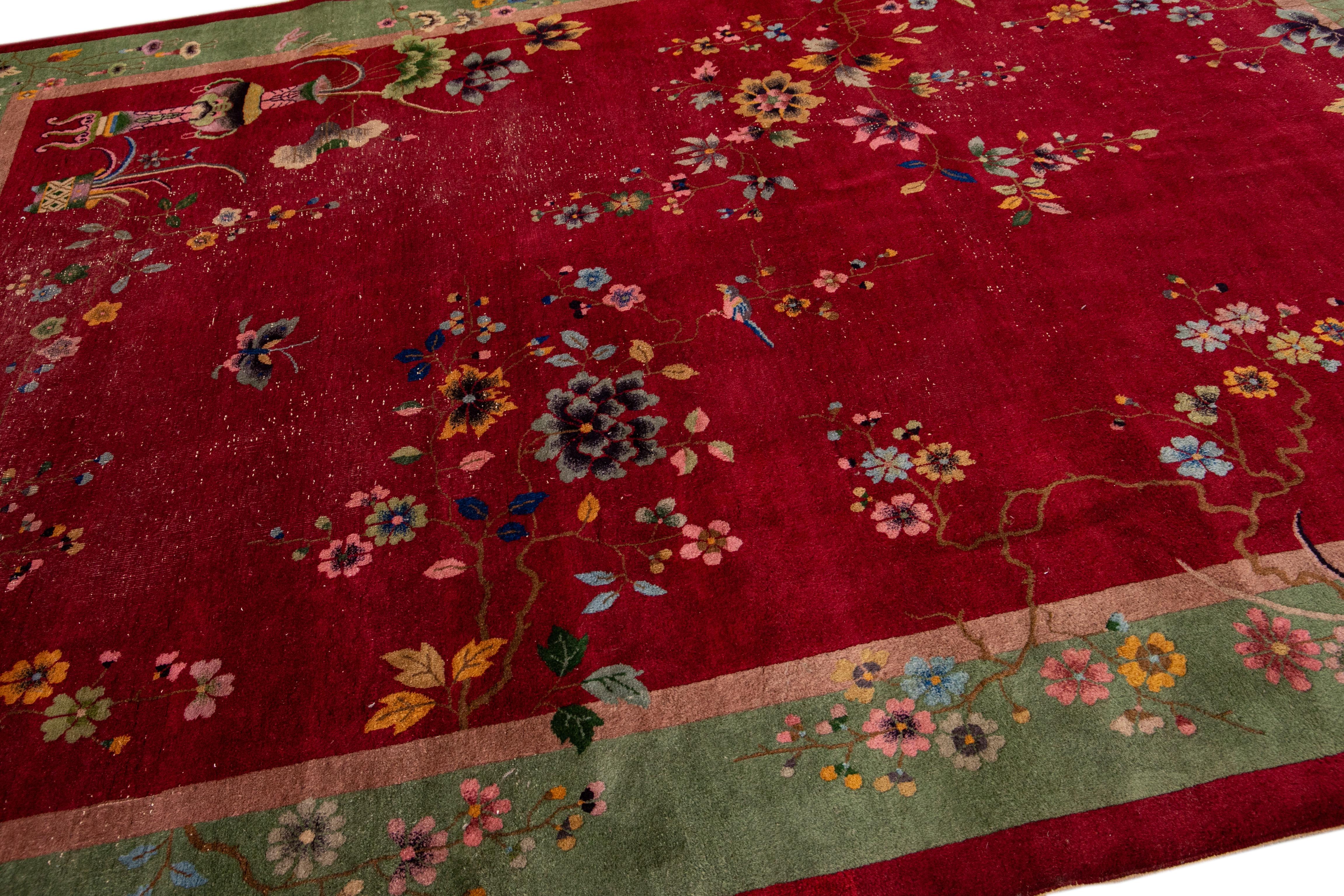 Antique Art Deco Handmade Chinese Floral Pattern Red Wool Rug In Good Condition For Sale In Norwalk, CT