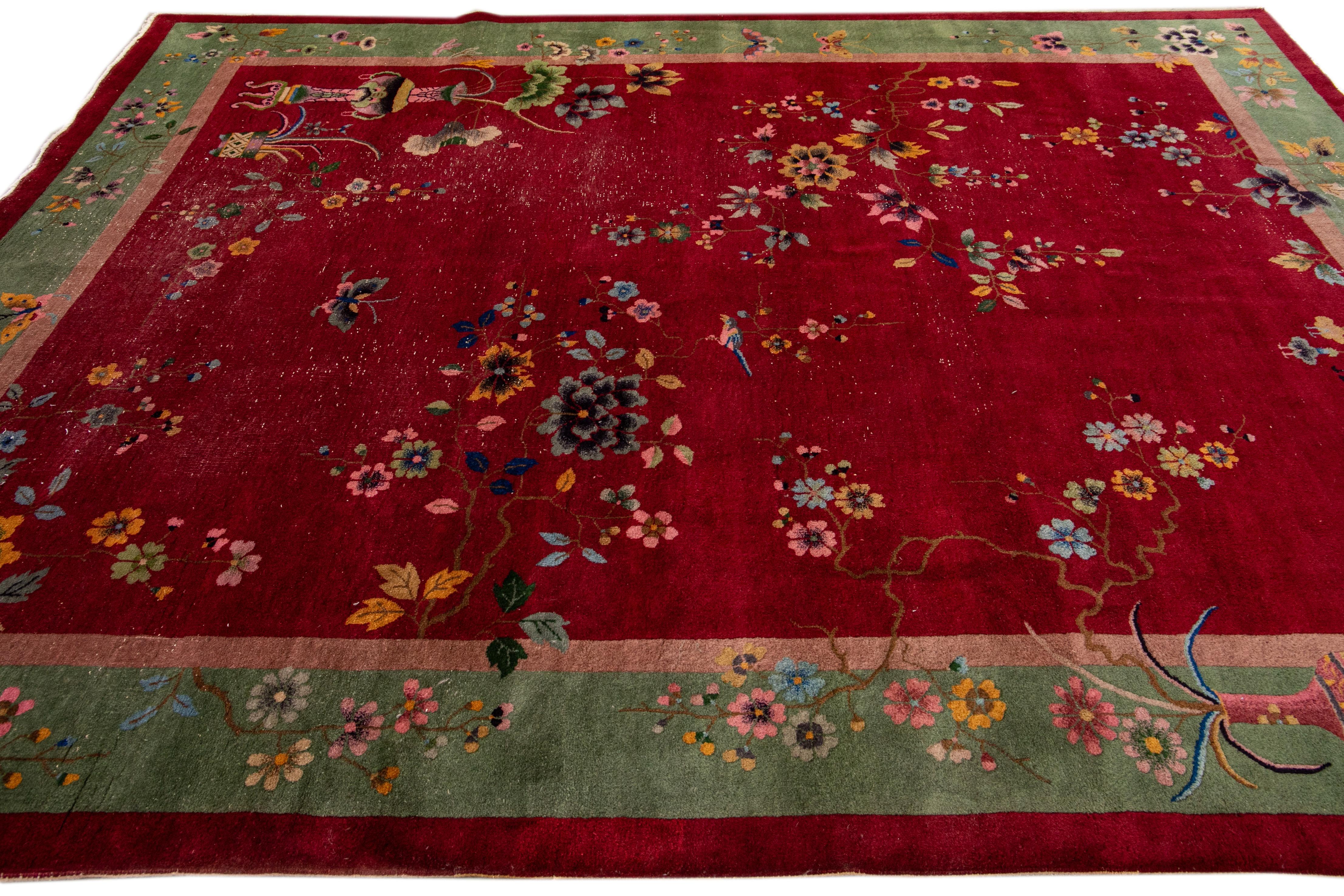 20th Century Antique Art Deco Handmade Chinese Floral Pattern Red Wool Rug For Sale