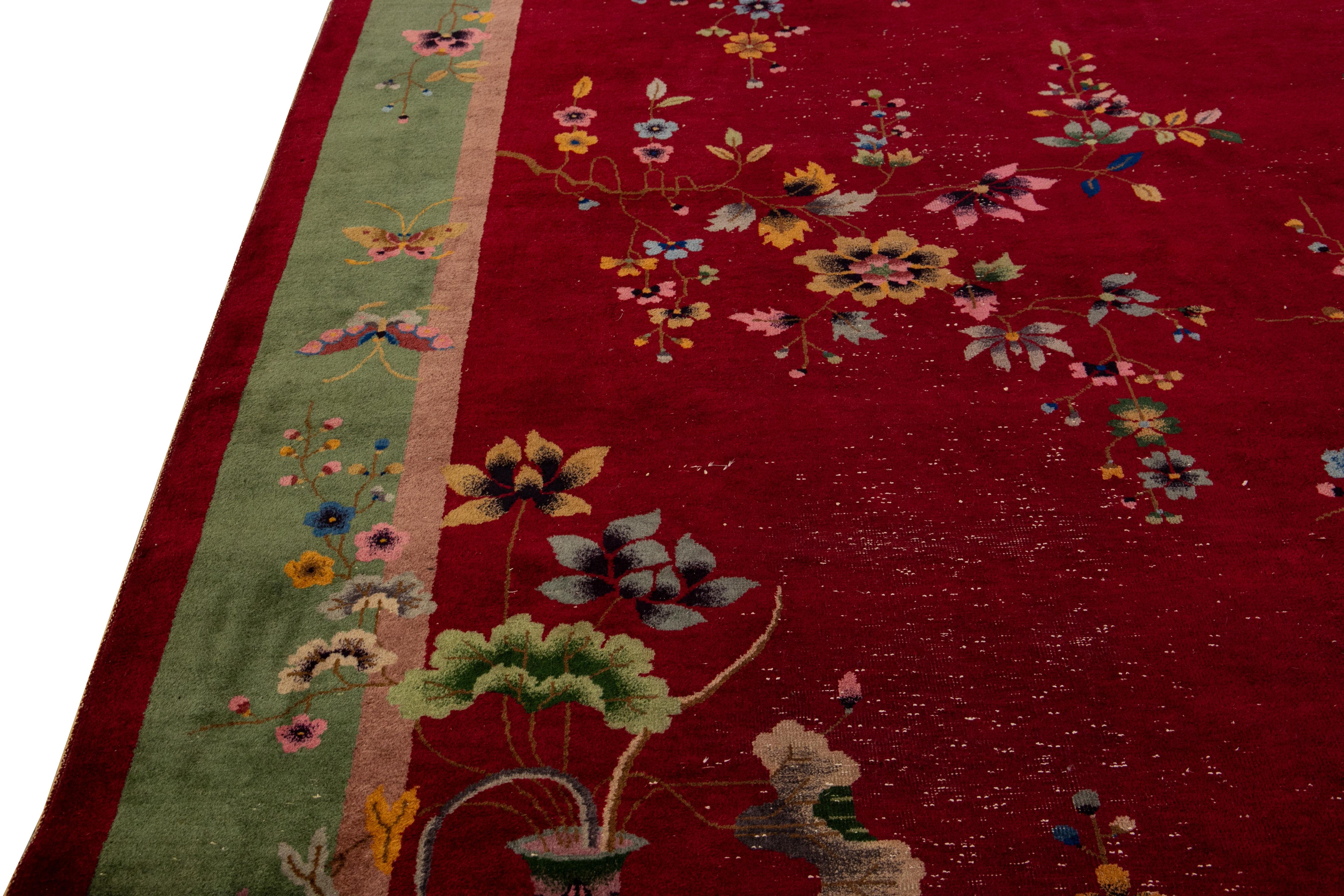 Other Antique Art Deco Handmade Chinese Floral Pattern Red Wool Rug For Sale