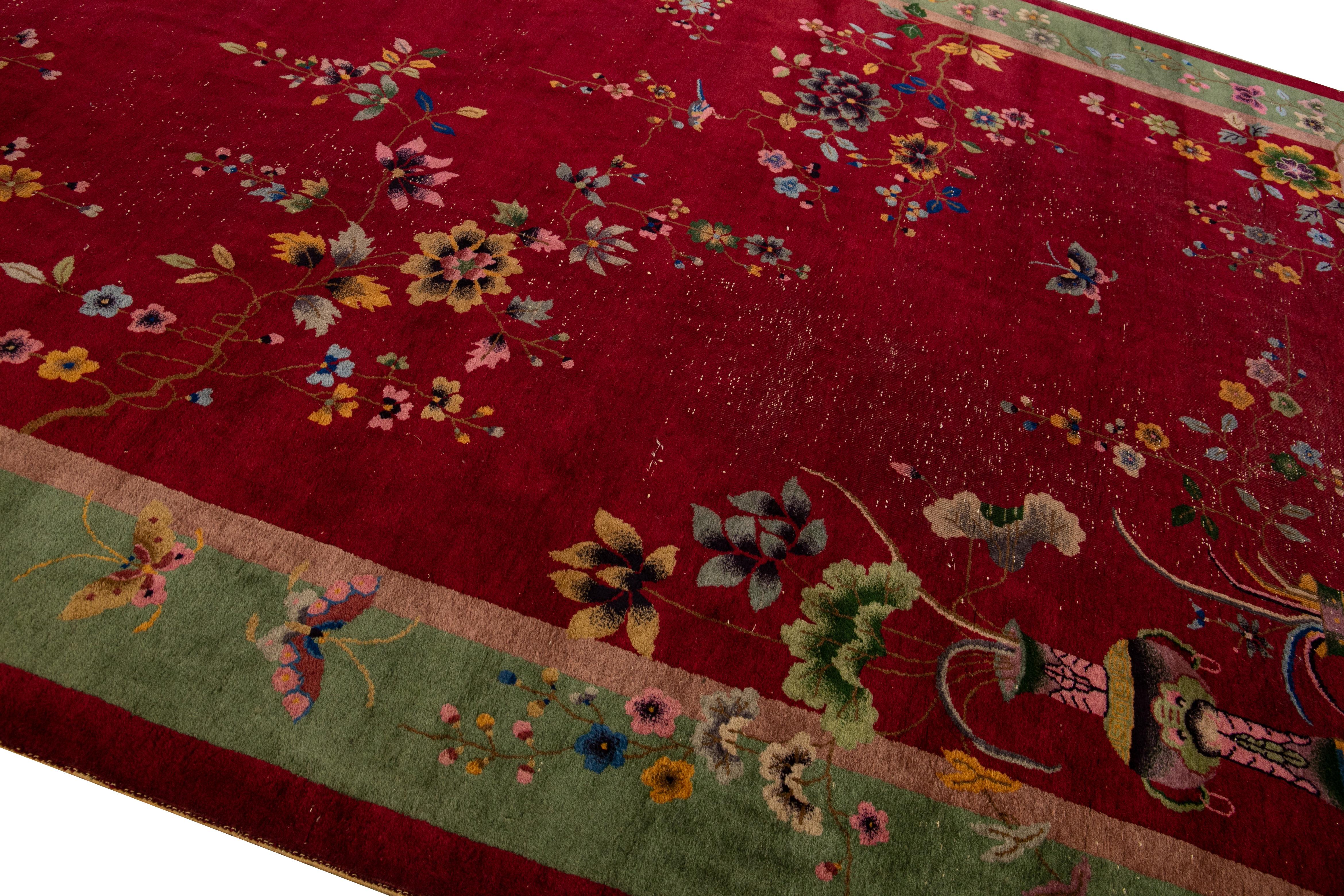 Antique Art Deco Handmade Chinese Floral Pattern Red Wool Rug For Sale 1