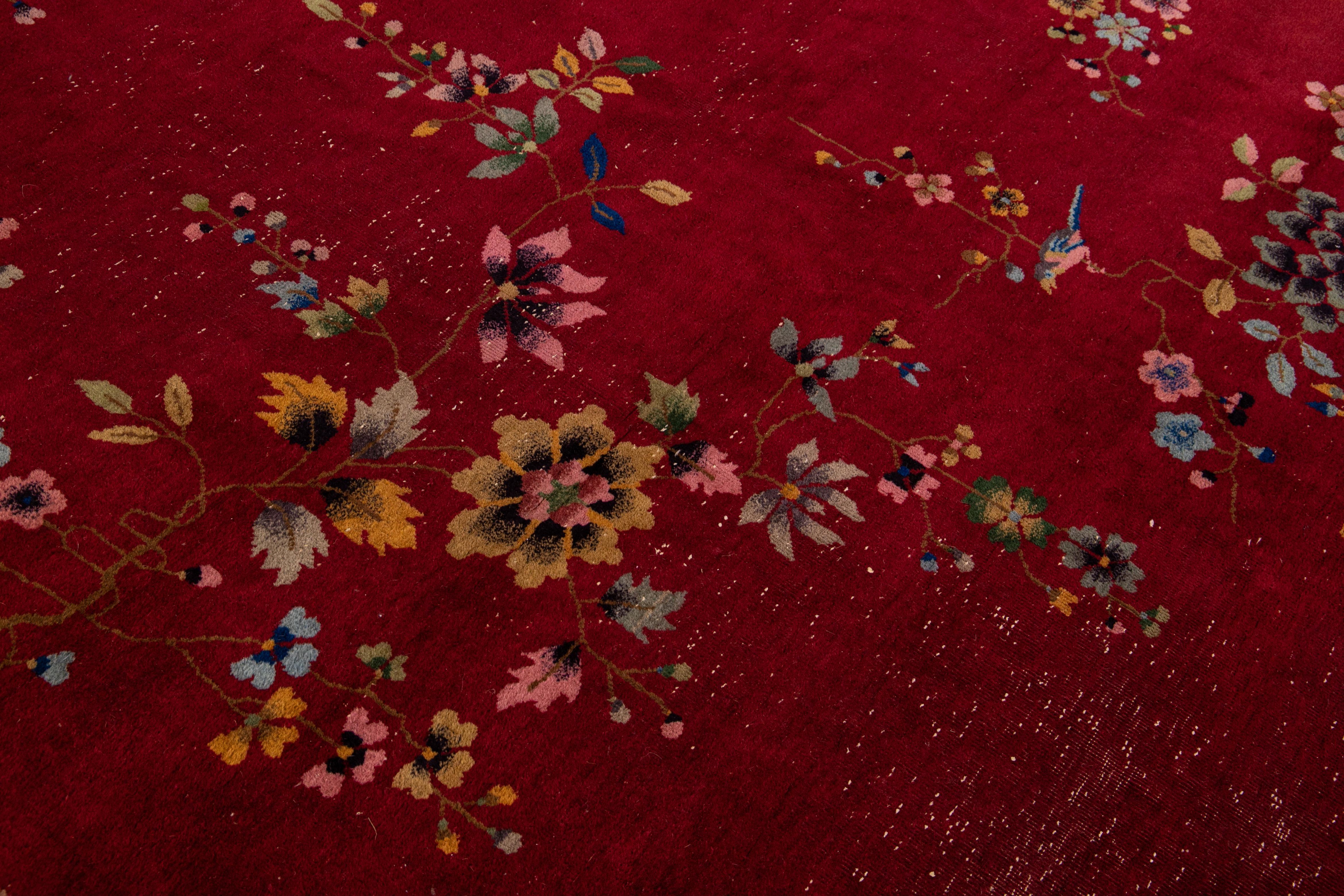 Antique Art Deco Handmade Chinese Floral Pattern Red Wool Rug For Sale 2