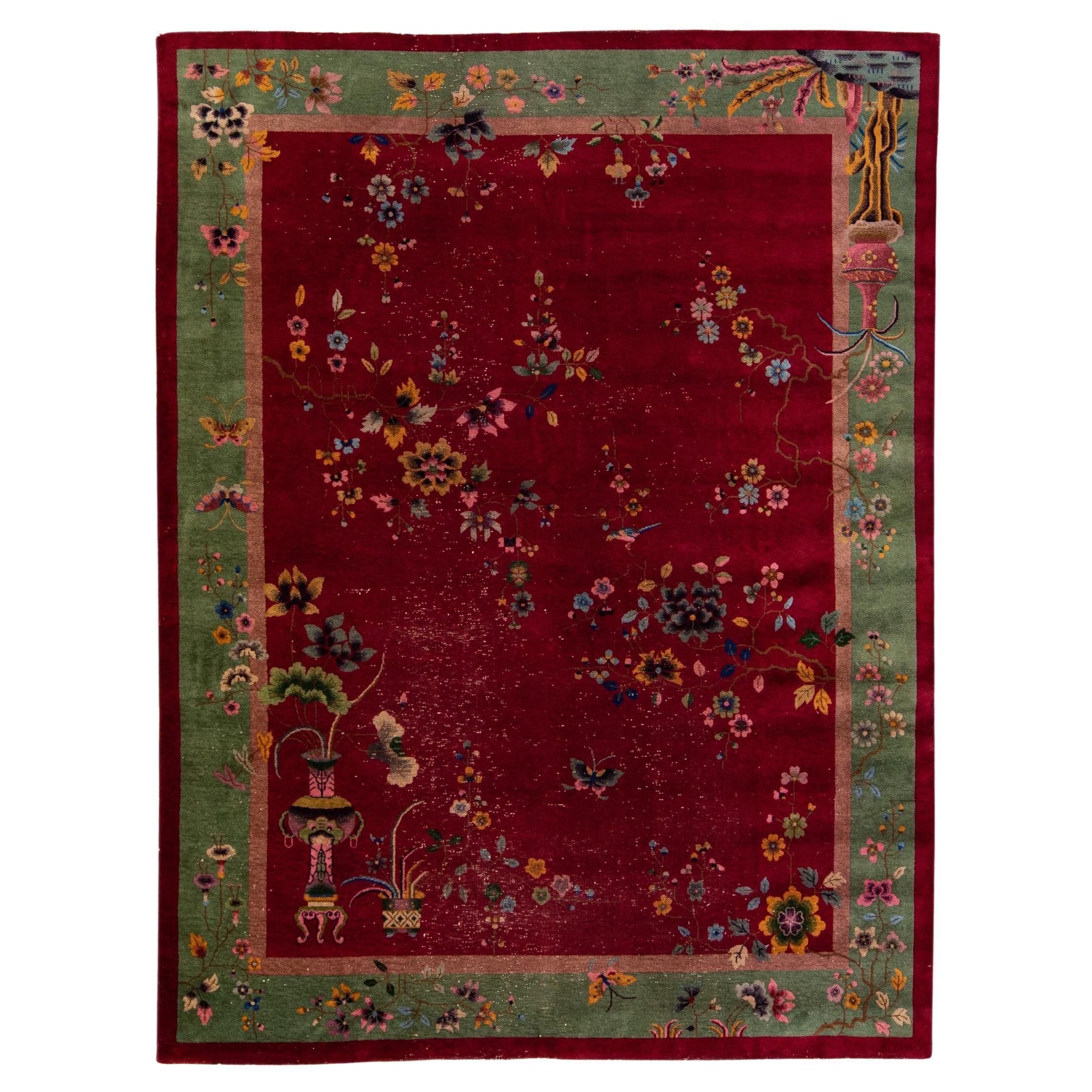 Antique Art Deco Handmade Chinese Floral Pattern Red Wool Rug For Sale