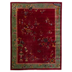 Used Art Deco Handmade Chinese Floral Pattern Red Wool Rug