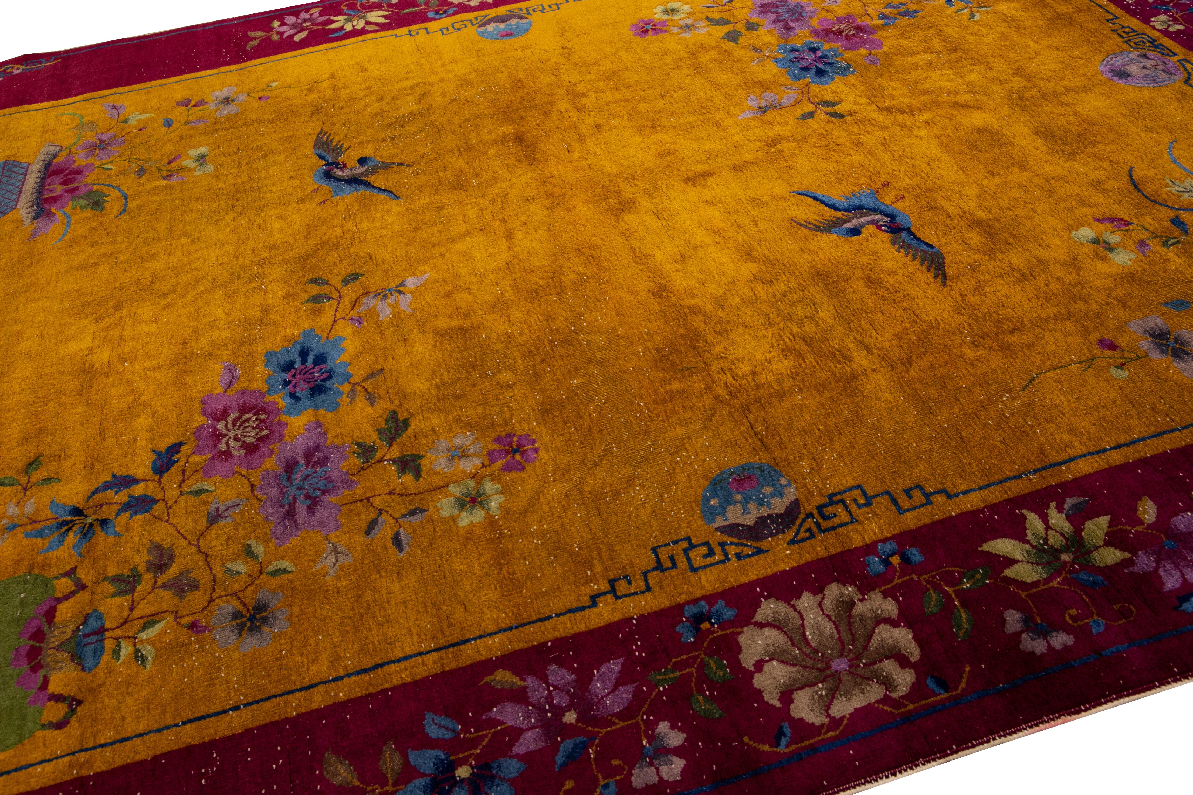 Antique Art Deco Handmade Chinese Floral Pattern Yellow Wool Rug In Good Condition For Sale In Norwalk, CT