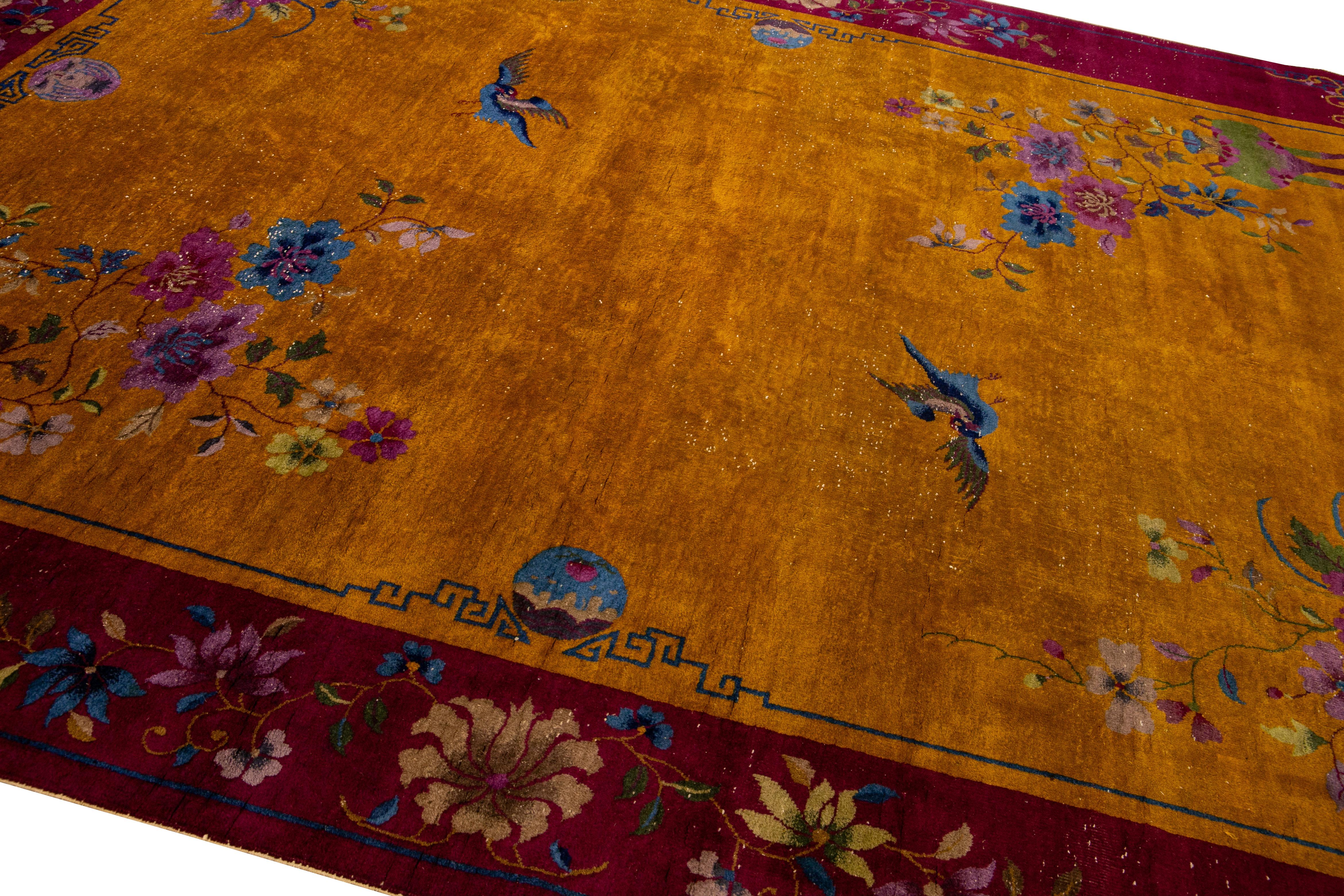 Other Antique Art Deco Handmade Chinese Floral Pattern Yellow Wool Rug For Sale