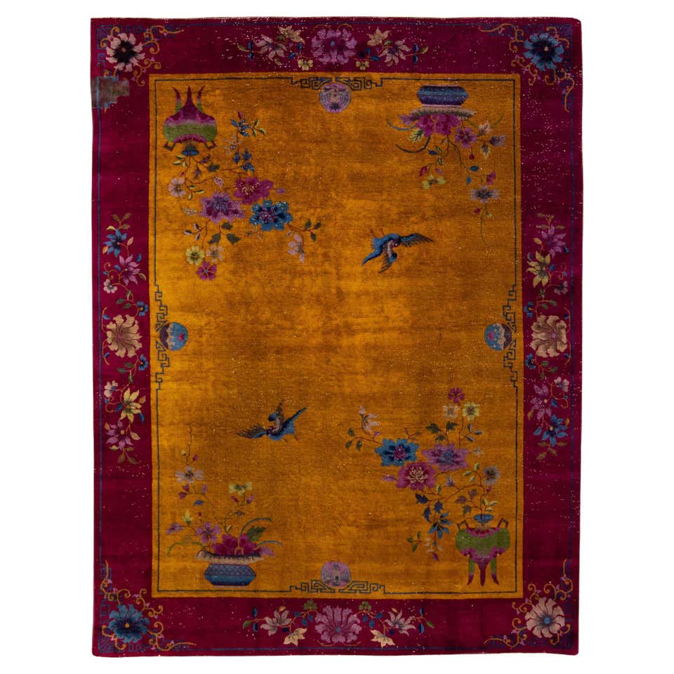 Vintage Chinese Art Deco Rug, Red and Gold Floral Pattern by Rug and ...