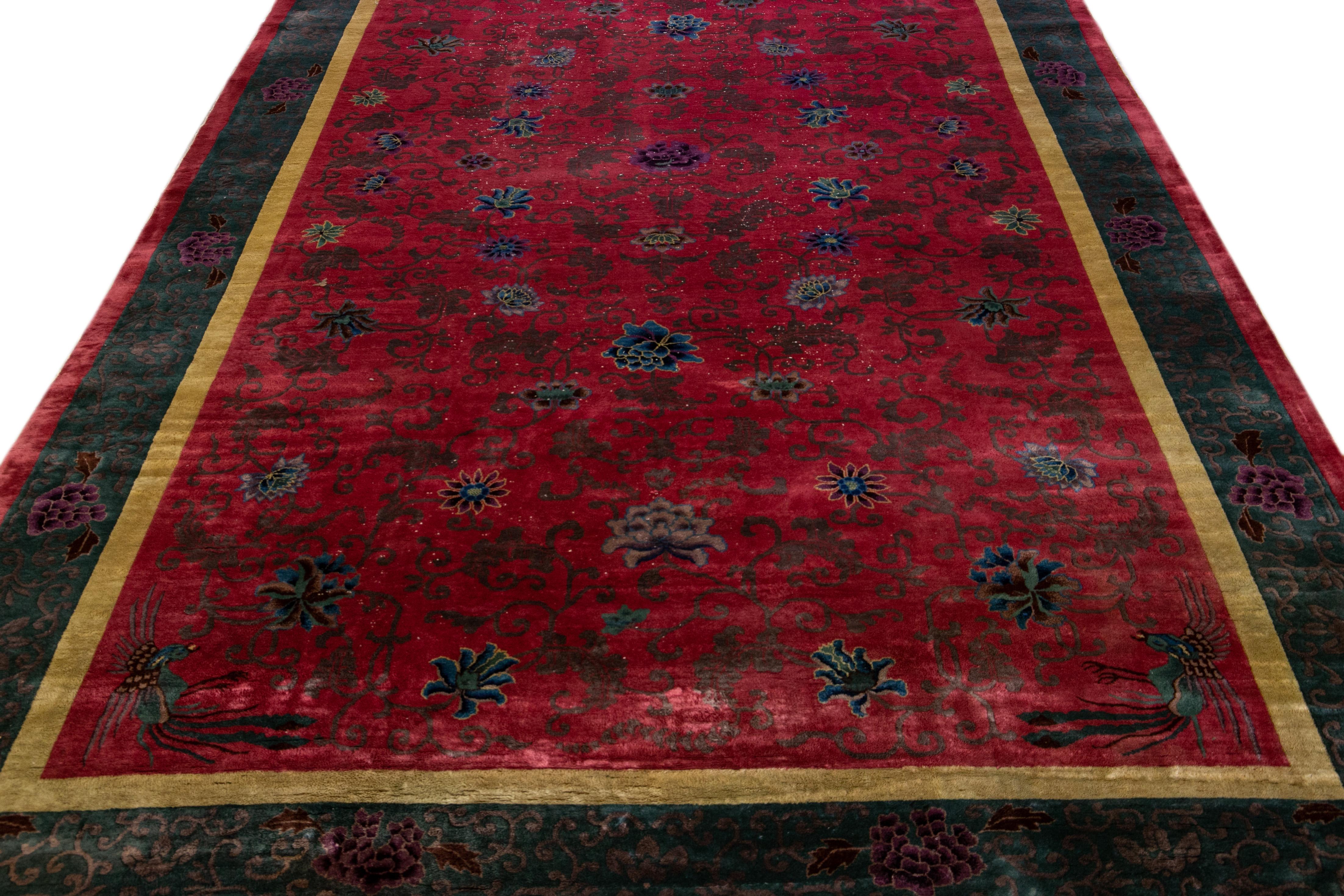 Hand-Knotted Antique Art Deco Handmade Chinese Floral Red Wool Rug For Sale