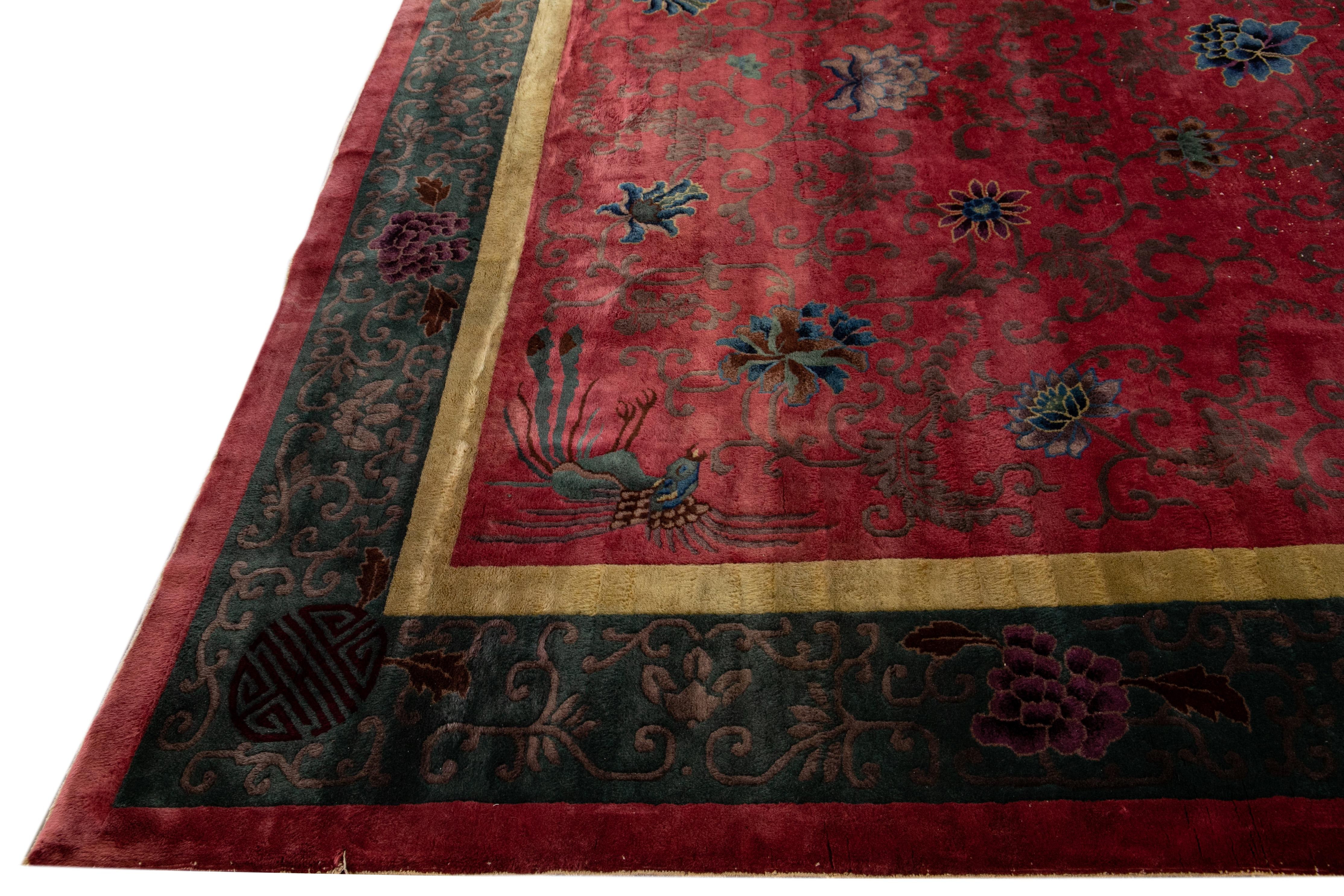 Antique Art Deco Handmade Chinese Floral Red Wool Rug In Good Condition For Sale In Norwalk, CT