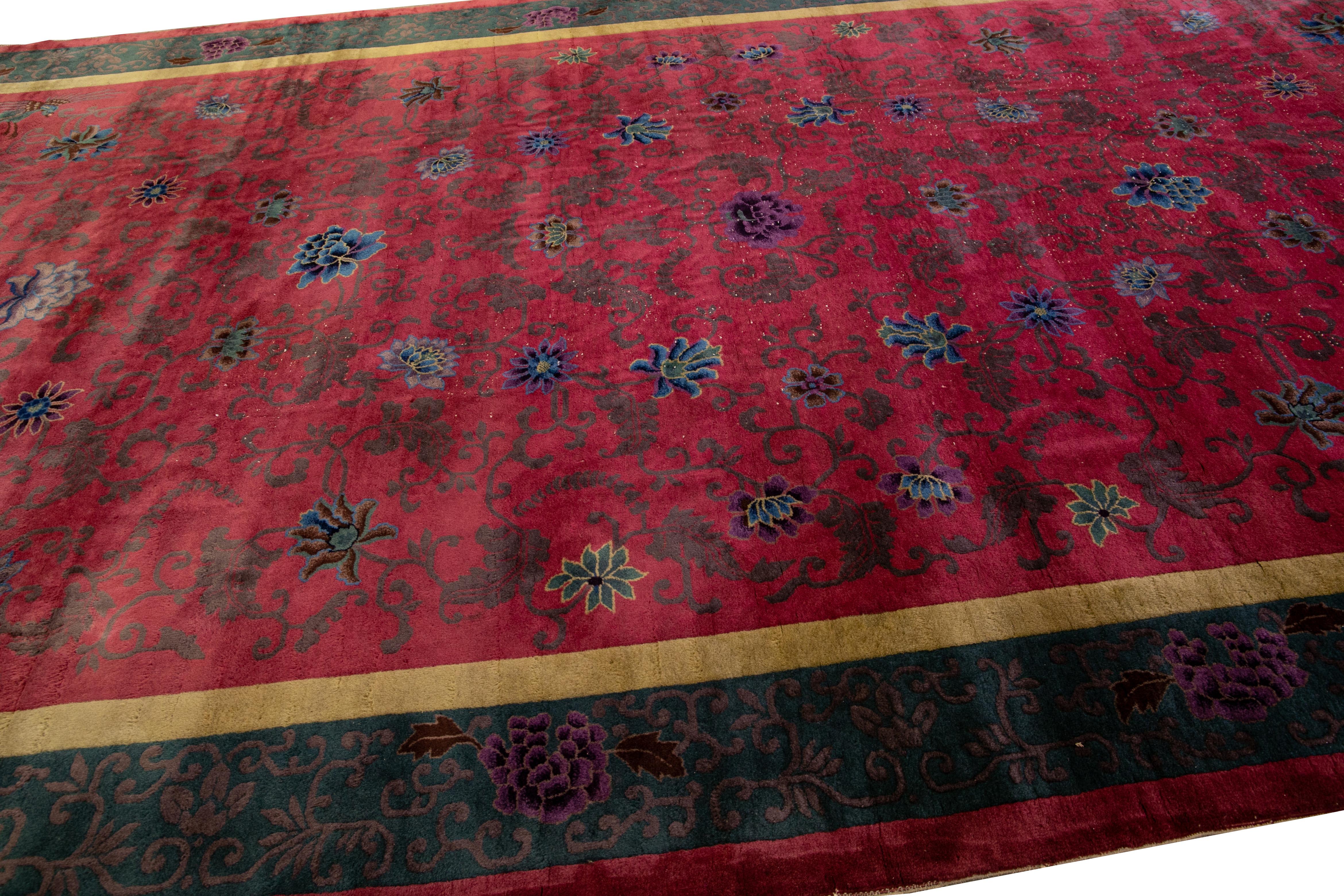 20th Century Antique Art Deco Handmade Chinese Floral Red Wool Rug For Sale