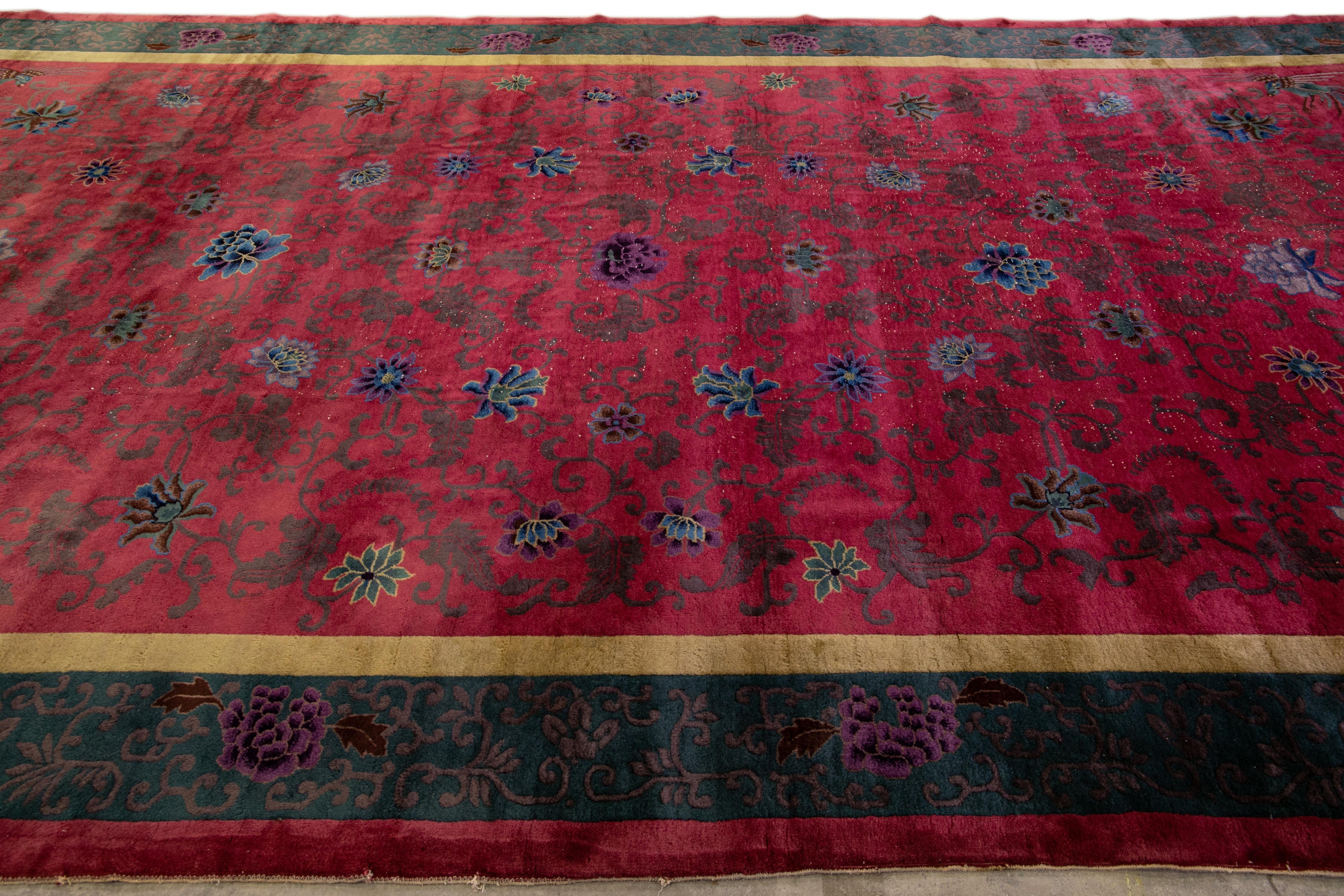 Other Antique Art Deco Handmade Chinese Floral Red Wool Rug For Sale