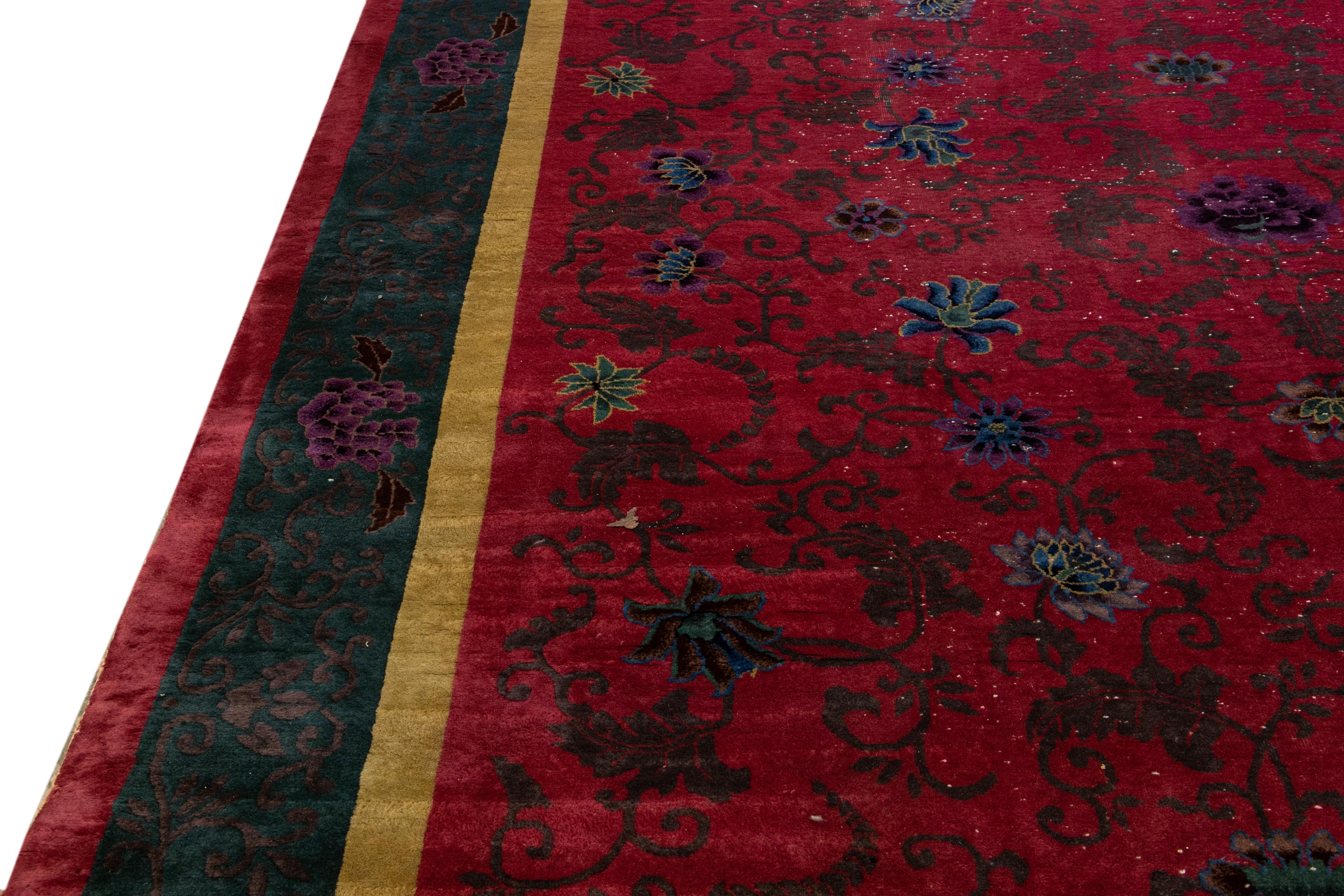 Antique Art Deco Handmade Chinese Floral Red Wool Rug For Sale 1